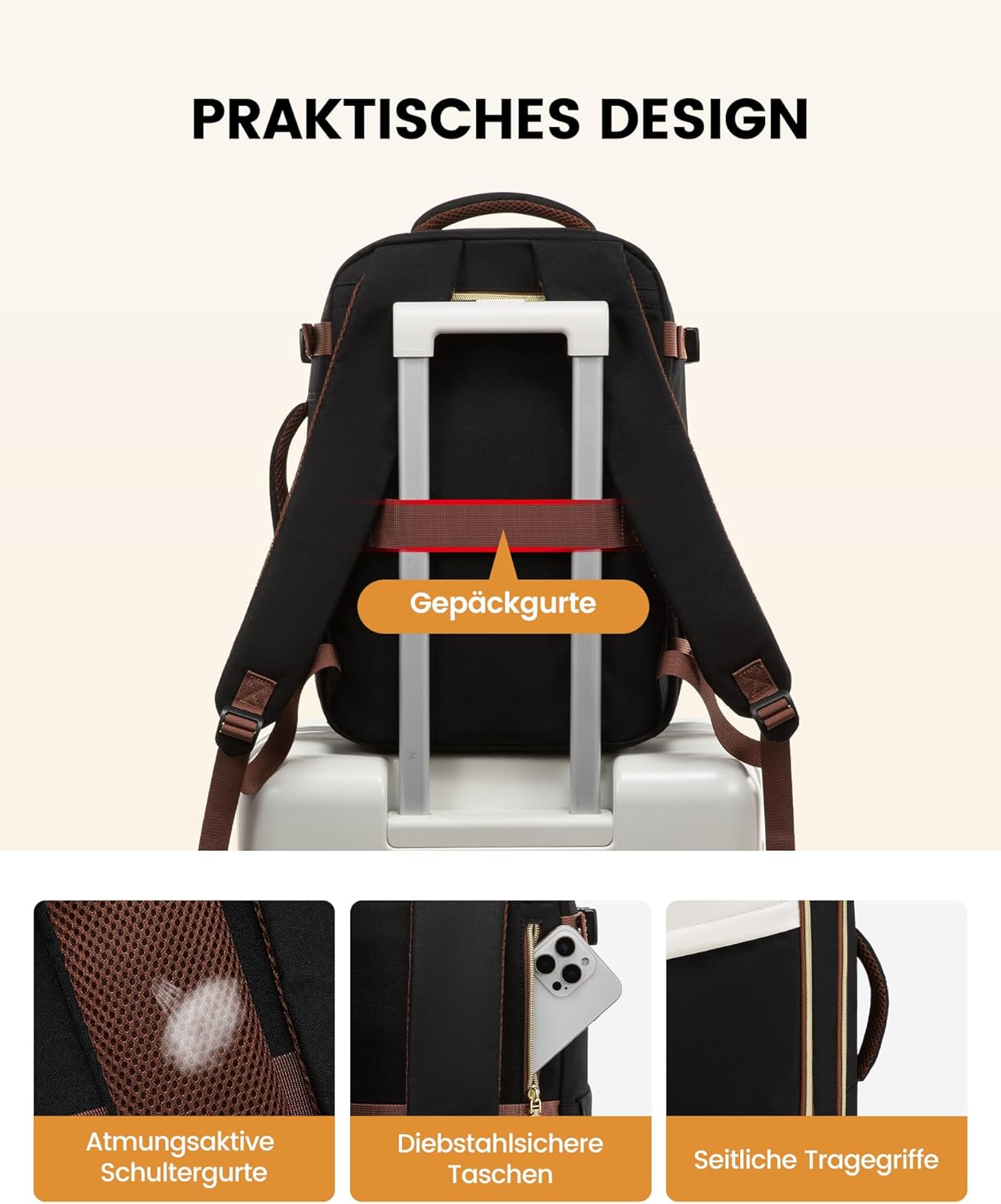 Detalle de LOVEVOOK Ryanair Handgepäck 45x36x20 – 32L Reise-Rucksack mit 180°-Öffnung