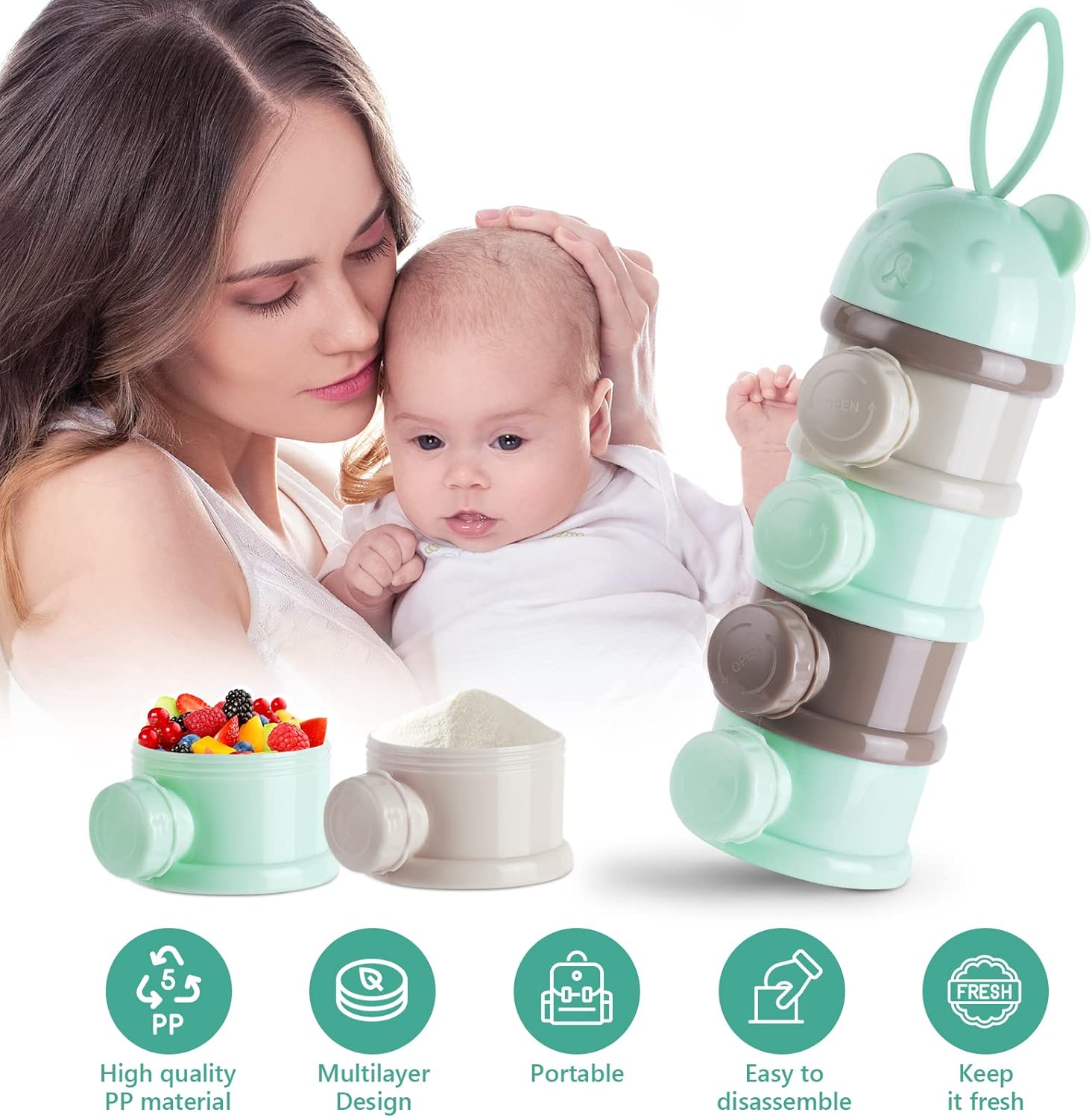 Detalle de Vicloon dosatore impilabile per latte in polvere con 4 scomparti (verde)