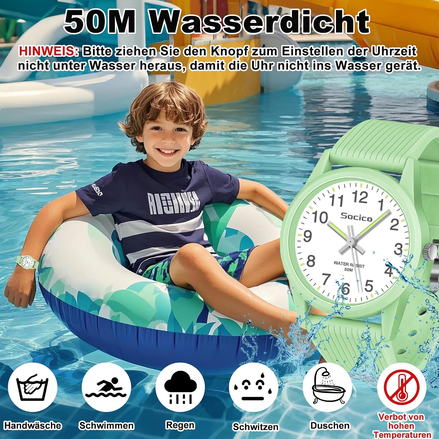 Detalle de SOCICO Kinder Uhr Analog Grün – Lernuhr für 4–12 Jahre, wasserdicht bis 50 m, weiches Band