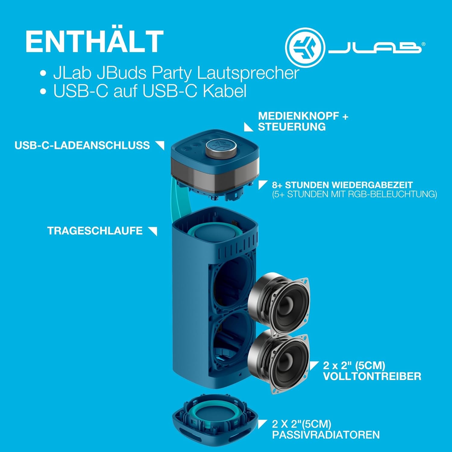 Thumbnail 6 de JLab JBuds Party tragbarer Bluetooth-Lautsprecher mit 12H+ Akkulaufzeit, 30W und IP56 – Marineblau