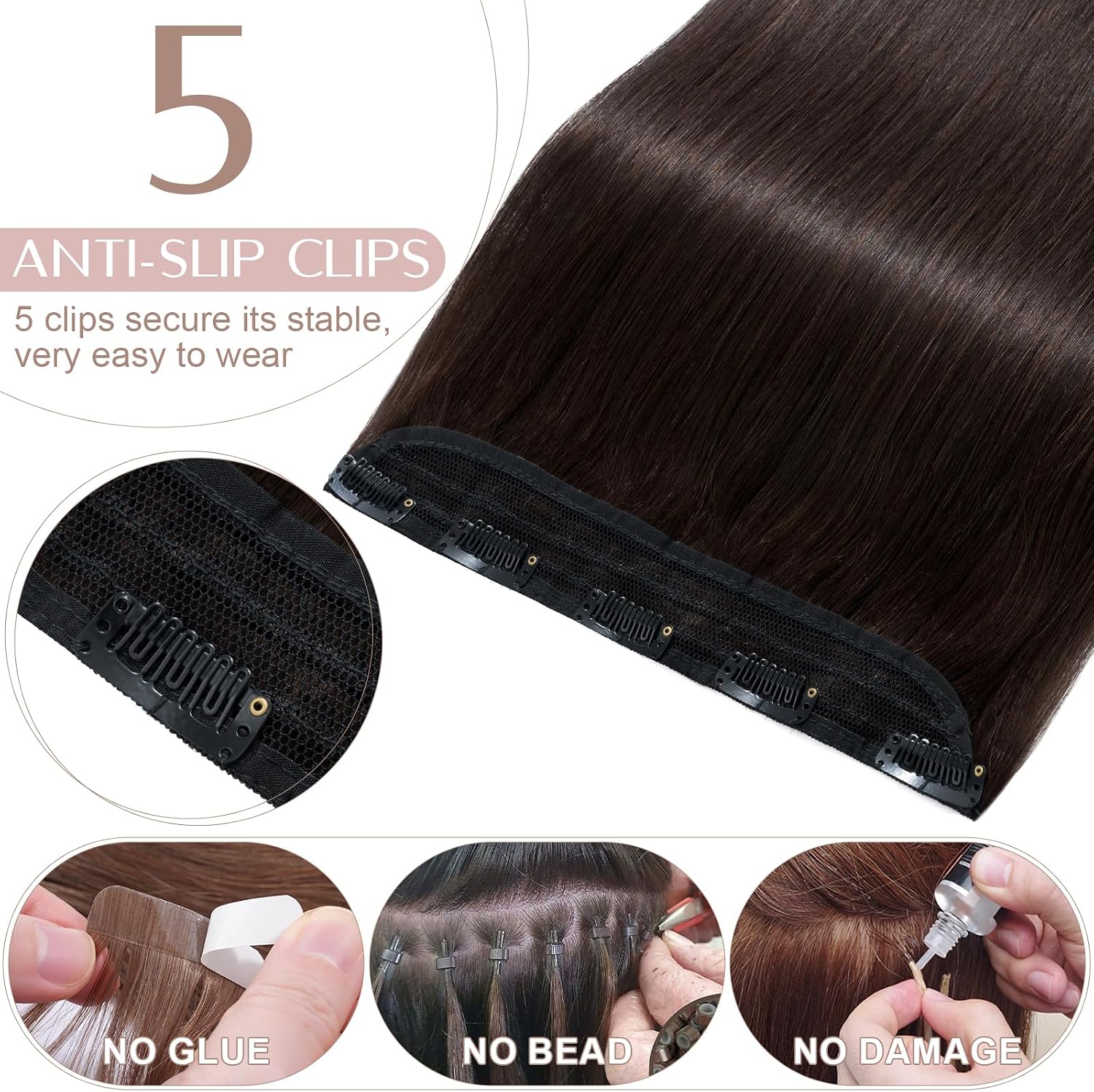 Thumbnail 2 de SEGO Extension Capelli Veri Clip Fascia Unica 100% Remy – Ciocca 22 cm, 45 cm di lunghezza Marrone Scuro (#2)