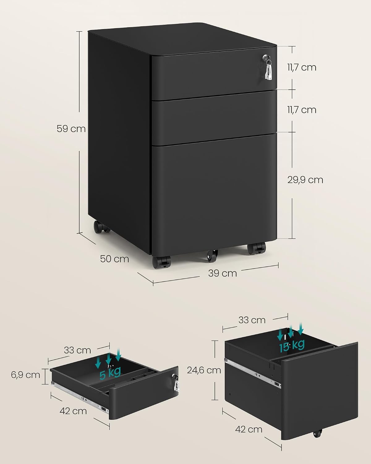 Detalle de SONGMICS Cassettiera da Ufficio in Acciaio BEREND OFC032B101 – 50 x 39 x 59 cm, Nero Opaco