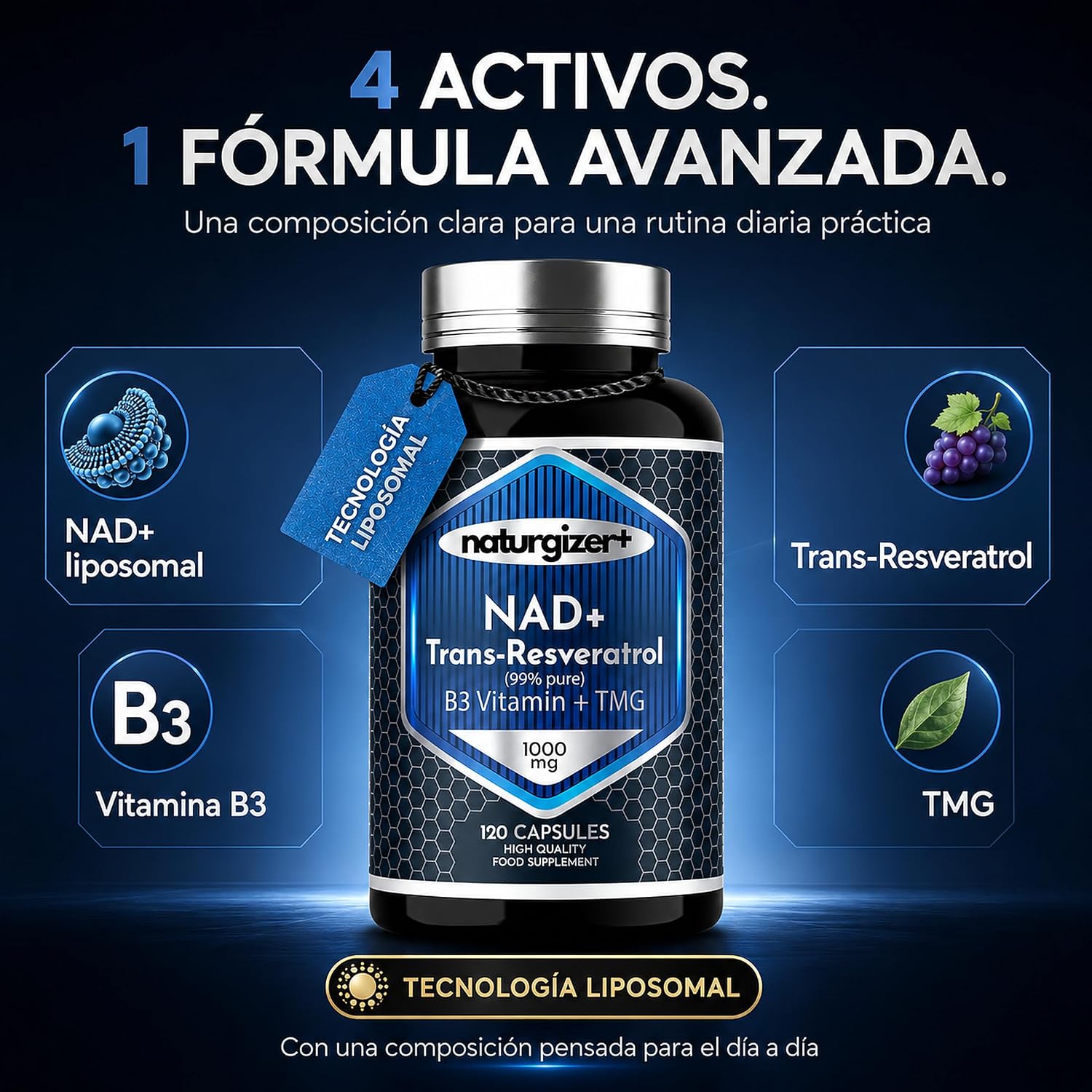 Detalle de Naturgizer+ Advanced Complex 4+1 con NAD+ y trans-resveratrol (120 cápsulas) en tecnología liposomal