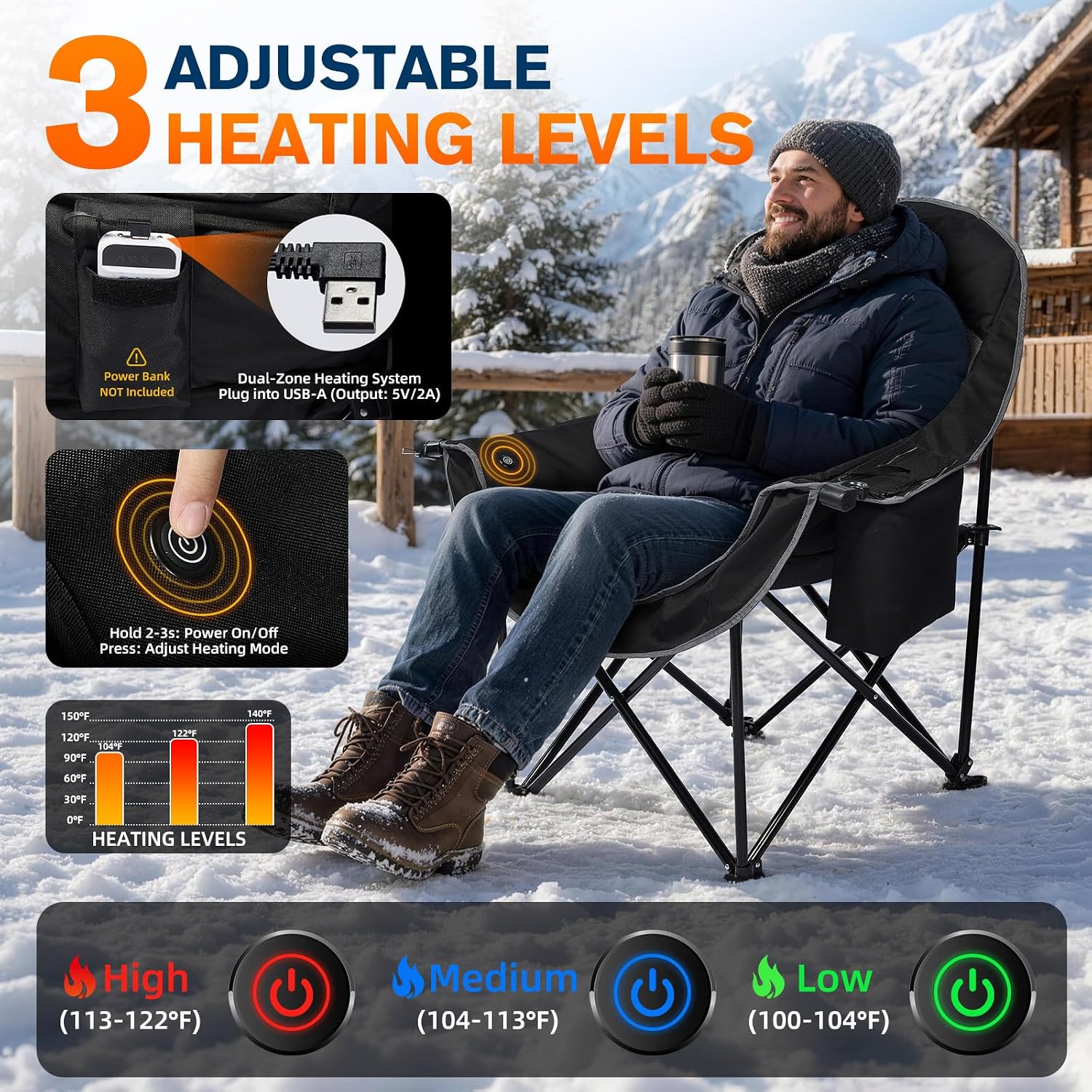 Detalle de Coldbee PW-RC749C-HS1 Heated Oversized Camping Chair, USB Heating, 500-lb Capacity