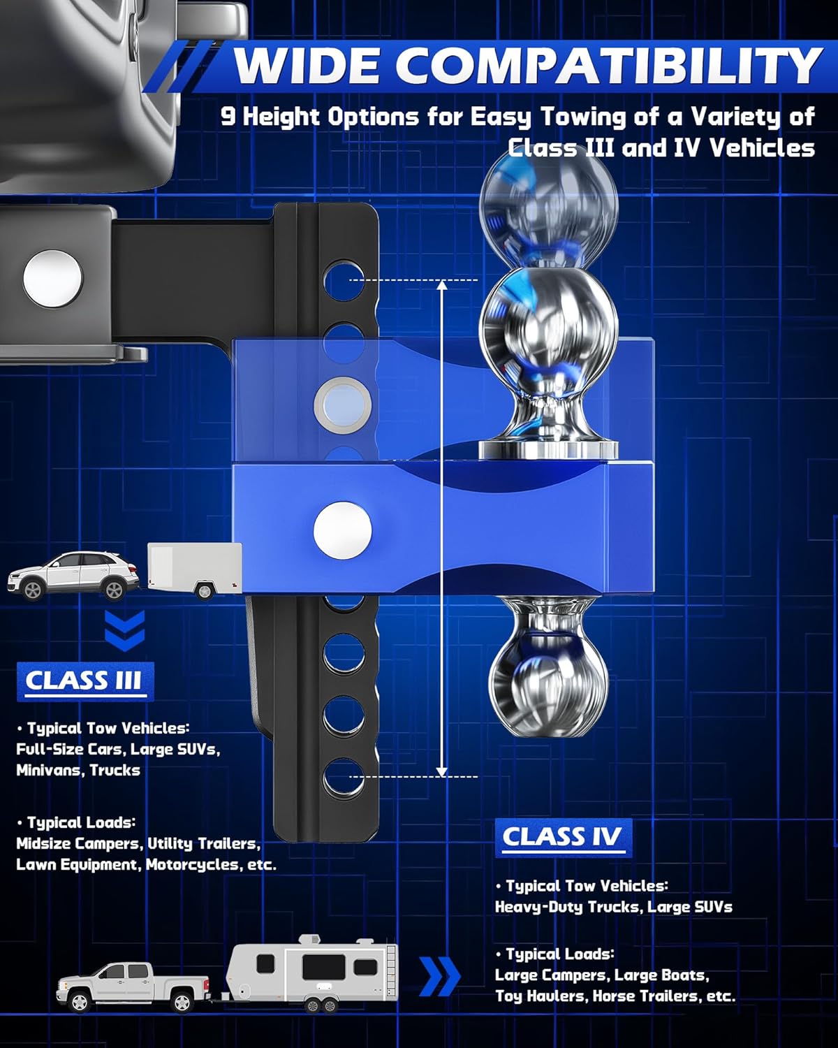 Thumbnail 4 de Orion Motor Tech Adjustable Trailer Hitch (8 in drop/rise) for 2 in receiver, Class 3/4