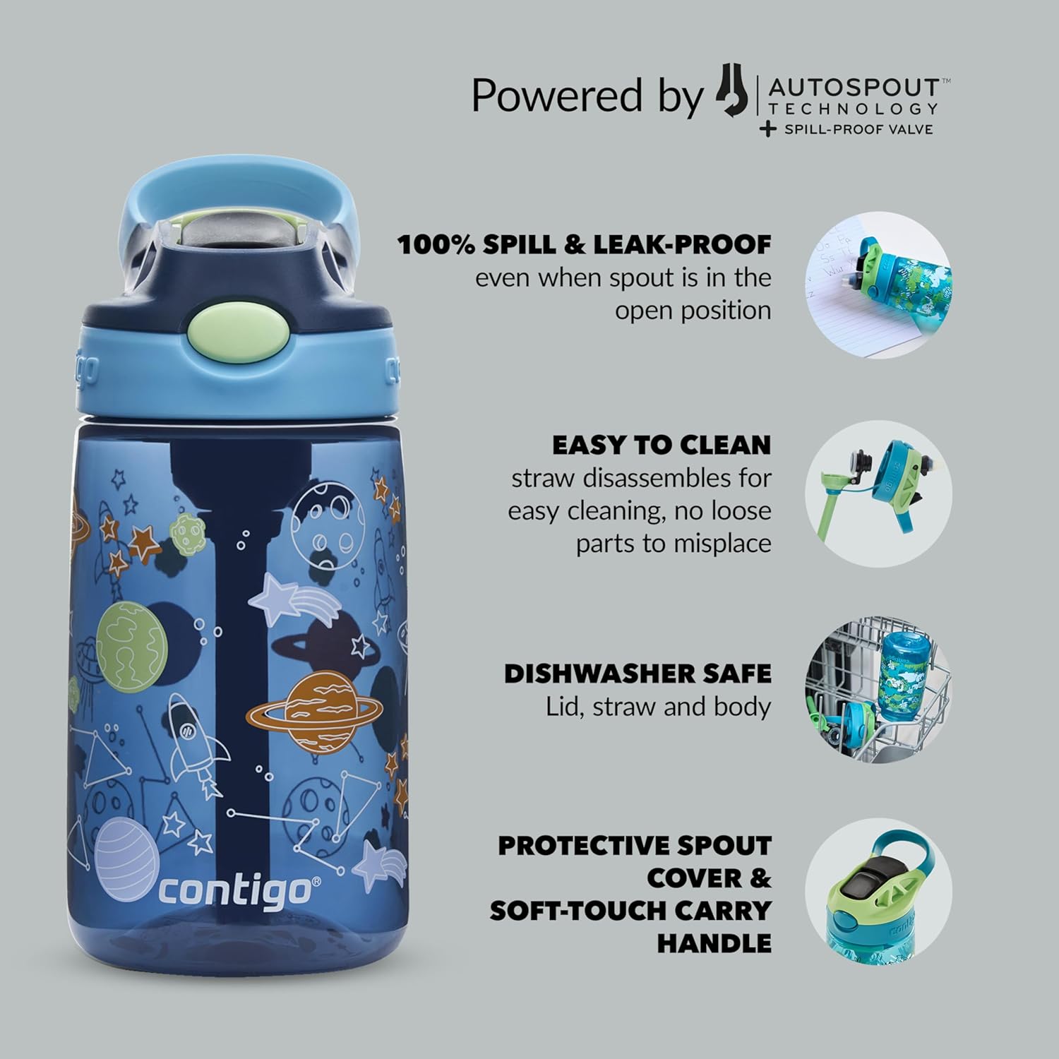 Detalle de Contigo Easy Clean Autospoout Kids Bottle with Straw (420 ml) – Blueberry Cosmos