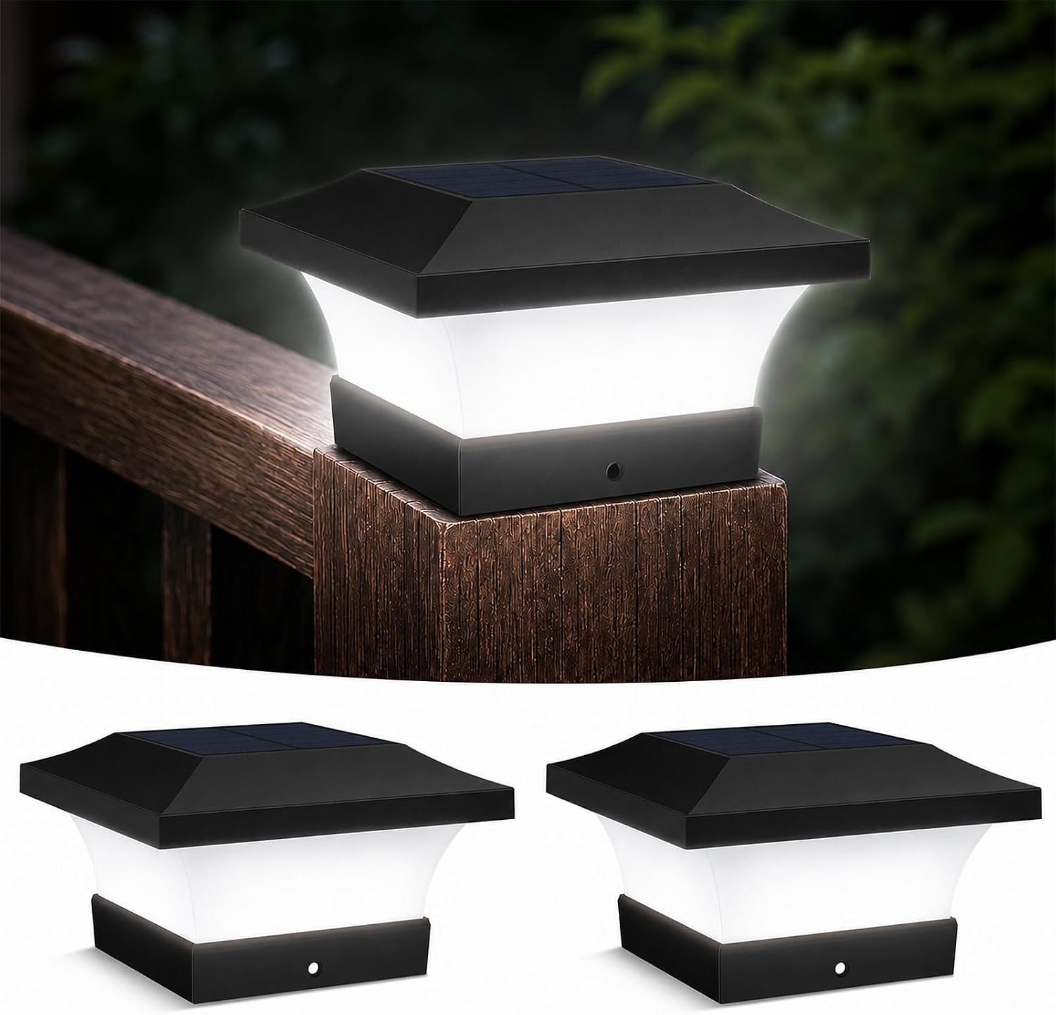 Detalle de ILIKEPOW Solar Pfostenleuchte 10x10, 2 Stück – 6000K Kaltes Weiß, IP65, kabellose Pfostenkappen für Zaun, Garten & Eingang