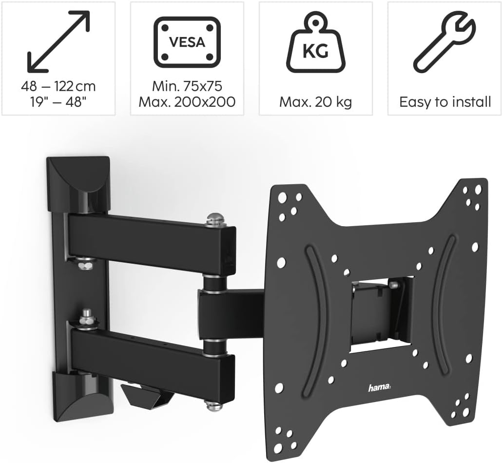 Thumbnail 1 de Hama Fullmotion TV Wall Bracket (Tilt & Swivel) for 19–48" TVs | VESA up to 200x200 | Up to 20kg | Black