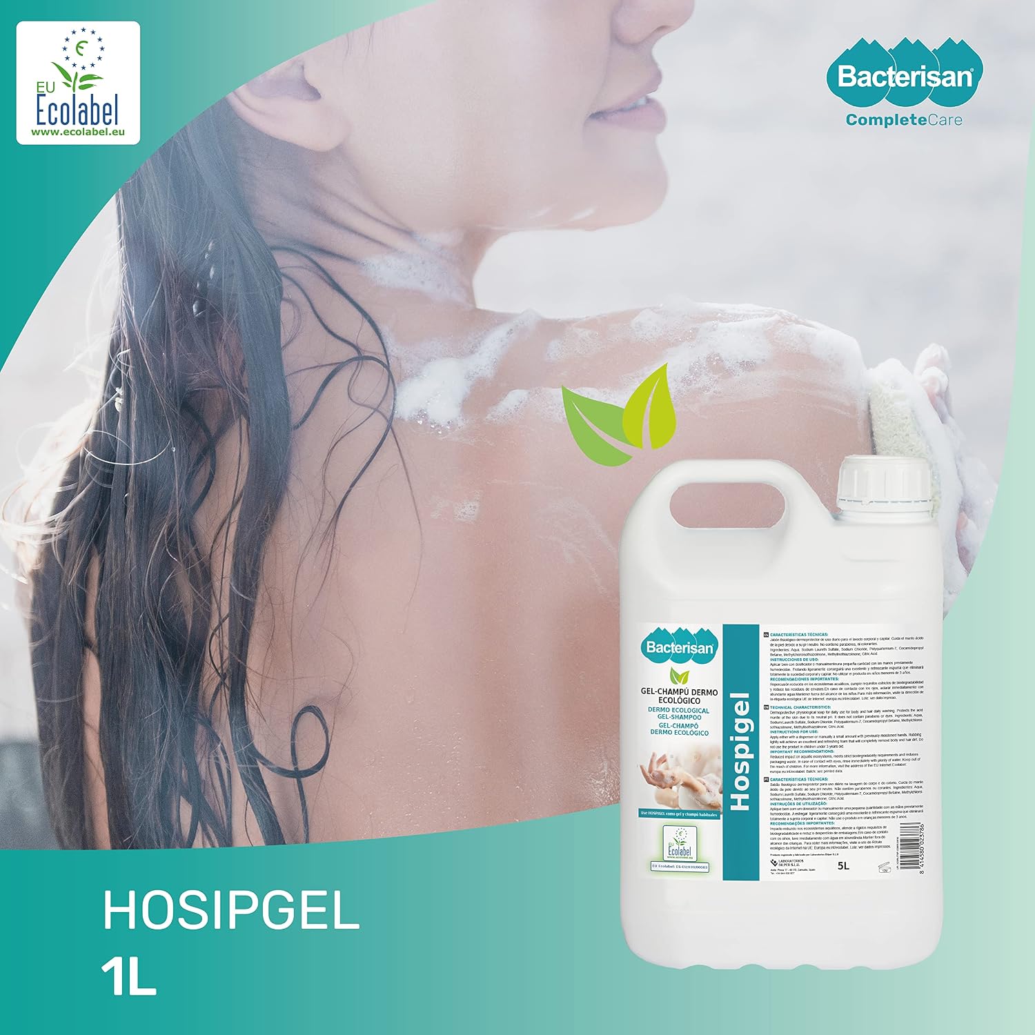Detalle 2 de BACTERISAN Hospigel 5L: Gel shampoo dermo-ecologico, ph neutro e biologico per uso quotidiano