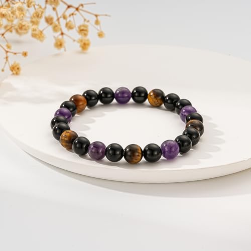 Detalle 2 de ESPVO Crystal Bracelets Gift for Women – Amethyst, Tiger's Eye & Black Tourmaline Beaded Bracelet