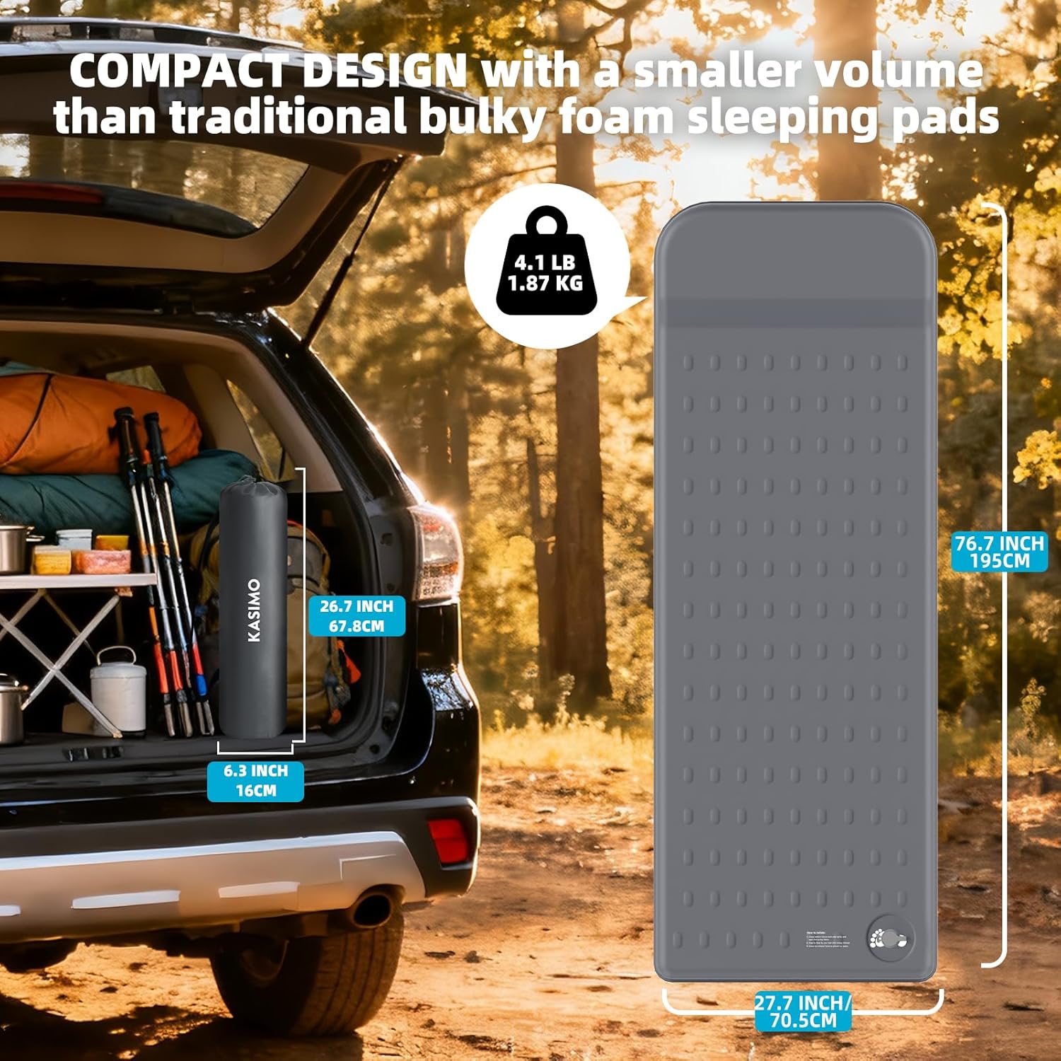 Thumbnail 2 de KASIMO Memory Sleeping Pad for Camping: Ultra-Thick 7.6cm Foam Mat with Pillow, 195 x 70.5 cm