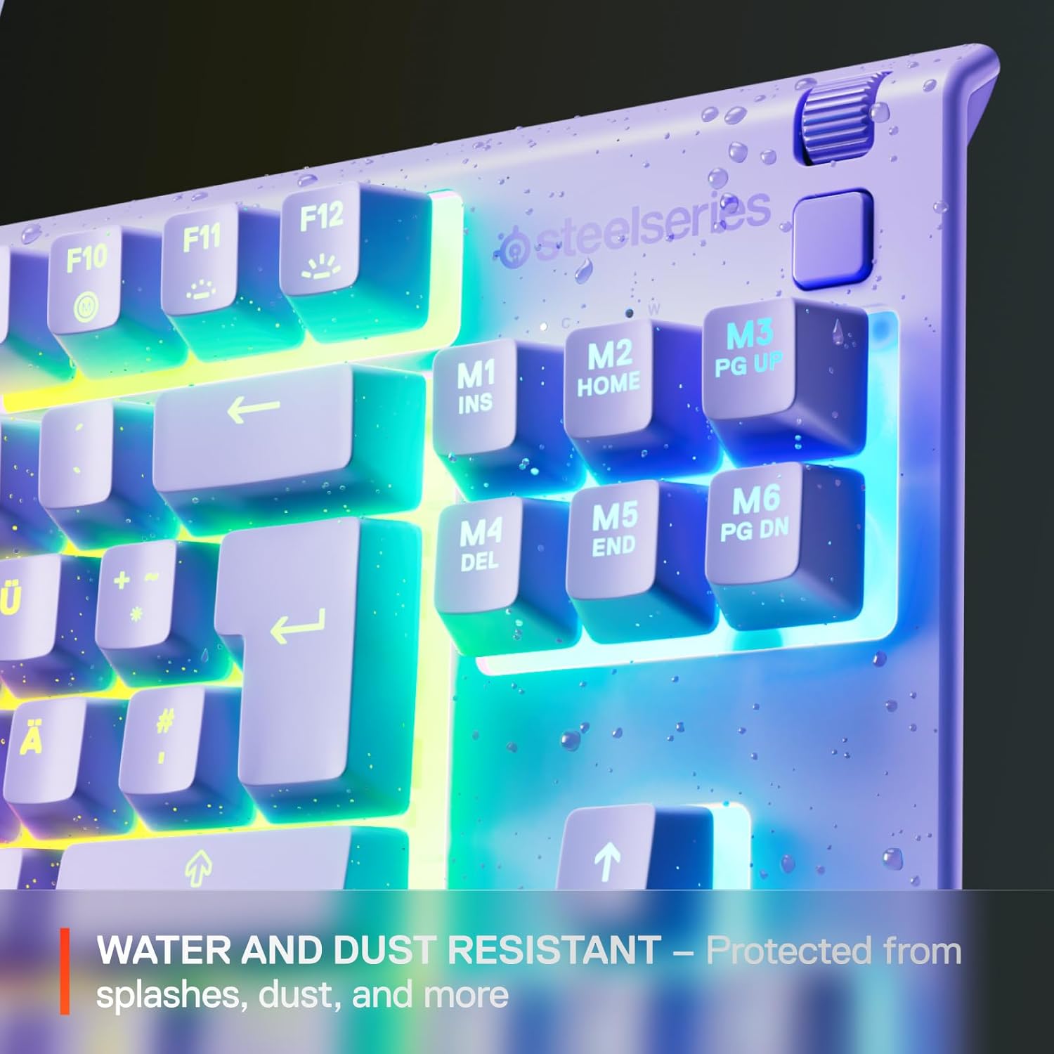 Detalle de SteelSeries Apex 3 TKL gaming keyboard (Silent) with 8-zone RGB, IP32 protection and American QWERTY, Lavender