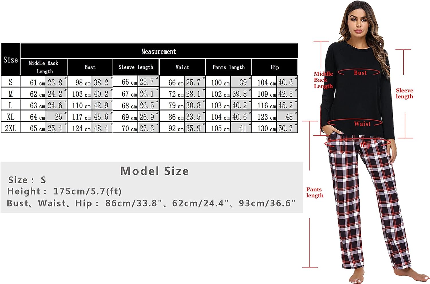 Detalle 2 de Uniexcosm Pyjama Femme en coton long – Ensemble à carreaux avec poches et col rond