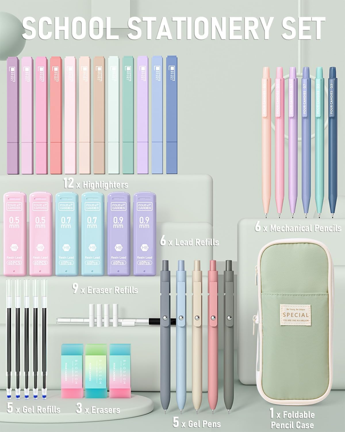 Thumbnail 5 de Four Candies 39‑teiliges Schulset mit Mäppchen 🖊️