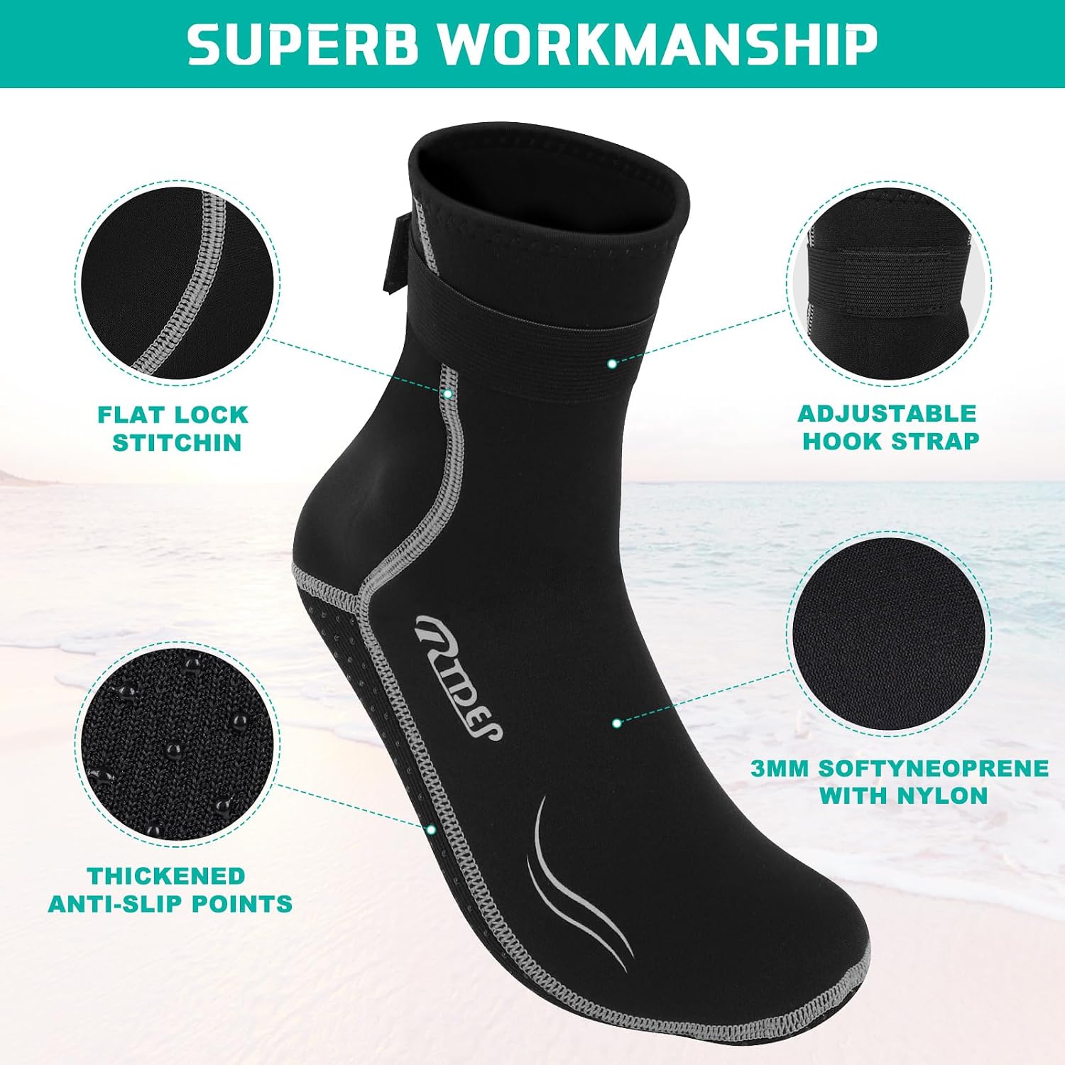 Detalle de Rtdep Neoprene Socks 3mm – Anti-Slip Wetsuit Socks for Diving, Snorkelling and Sailing