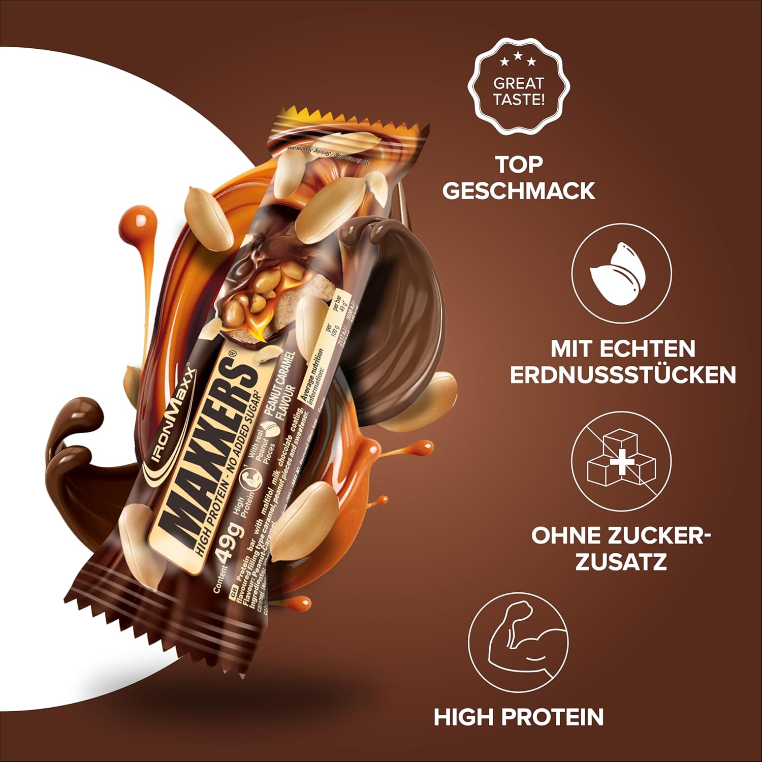 Detalle 2 de IronMaxx Maxxers Proteinriegel – Peanut Caramel 12x49 g