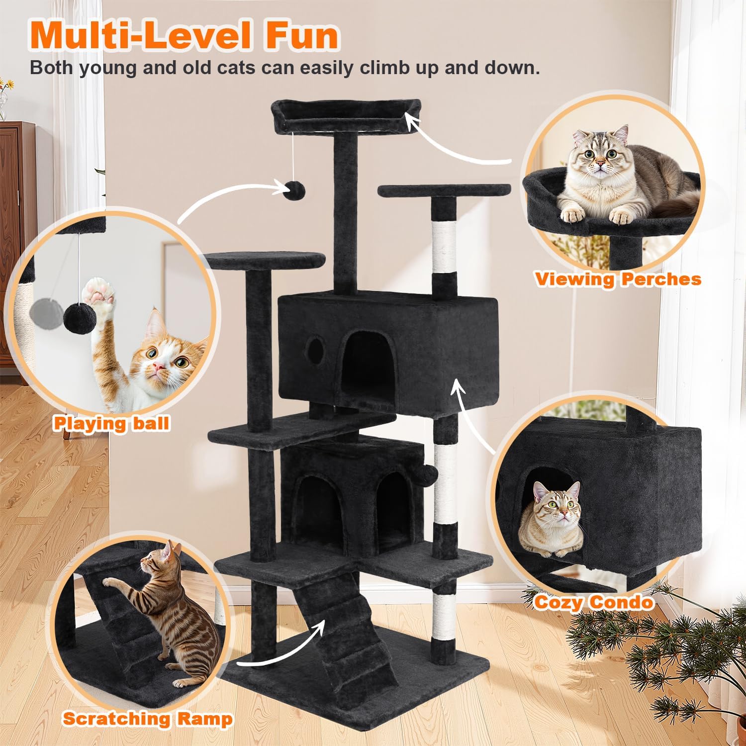 Thumbnail 5 de FDW Cat Tree 54-Inch Tower with 5 Levels, Sisal Posts and Condos