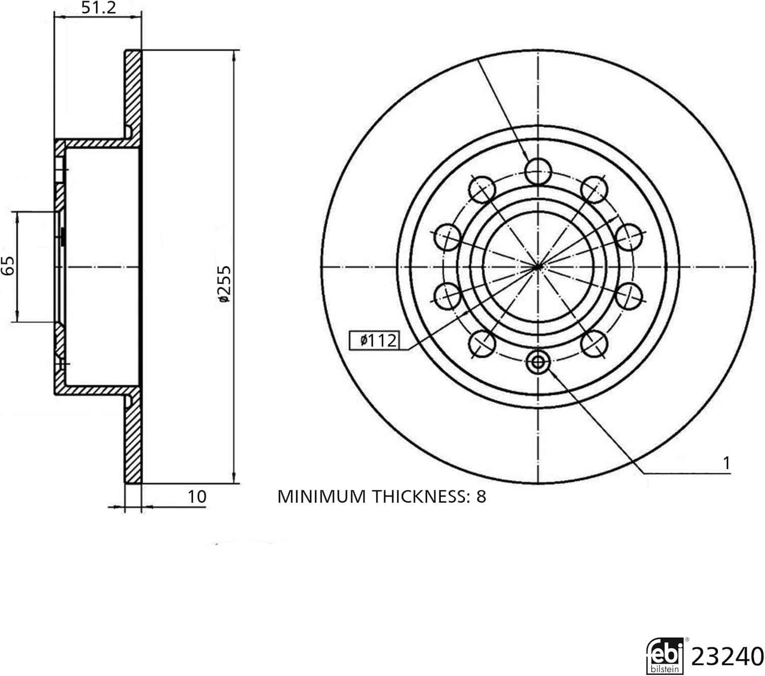 Detalle de Disque de frein Febi Bilstein 23240 : Ø extérieur 253,0 mm et épaisseur 10 mm