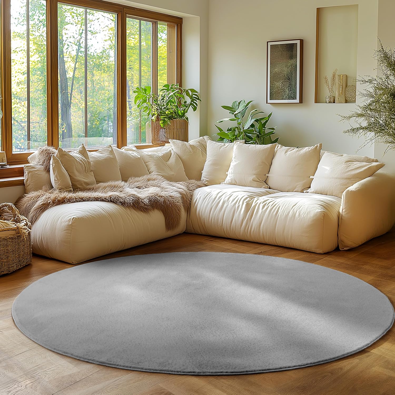 Detalle de SIMPEX Runder Kurzflor-Teppich Silber (200 cm) – waschbar, rutschfest und für Wohnzimmer & Kinderzimmer