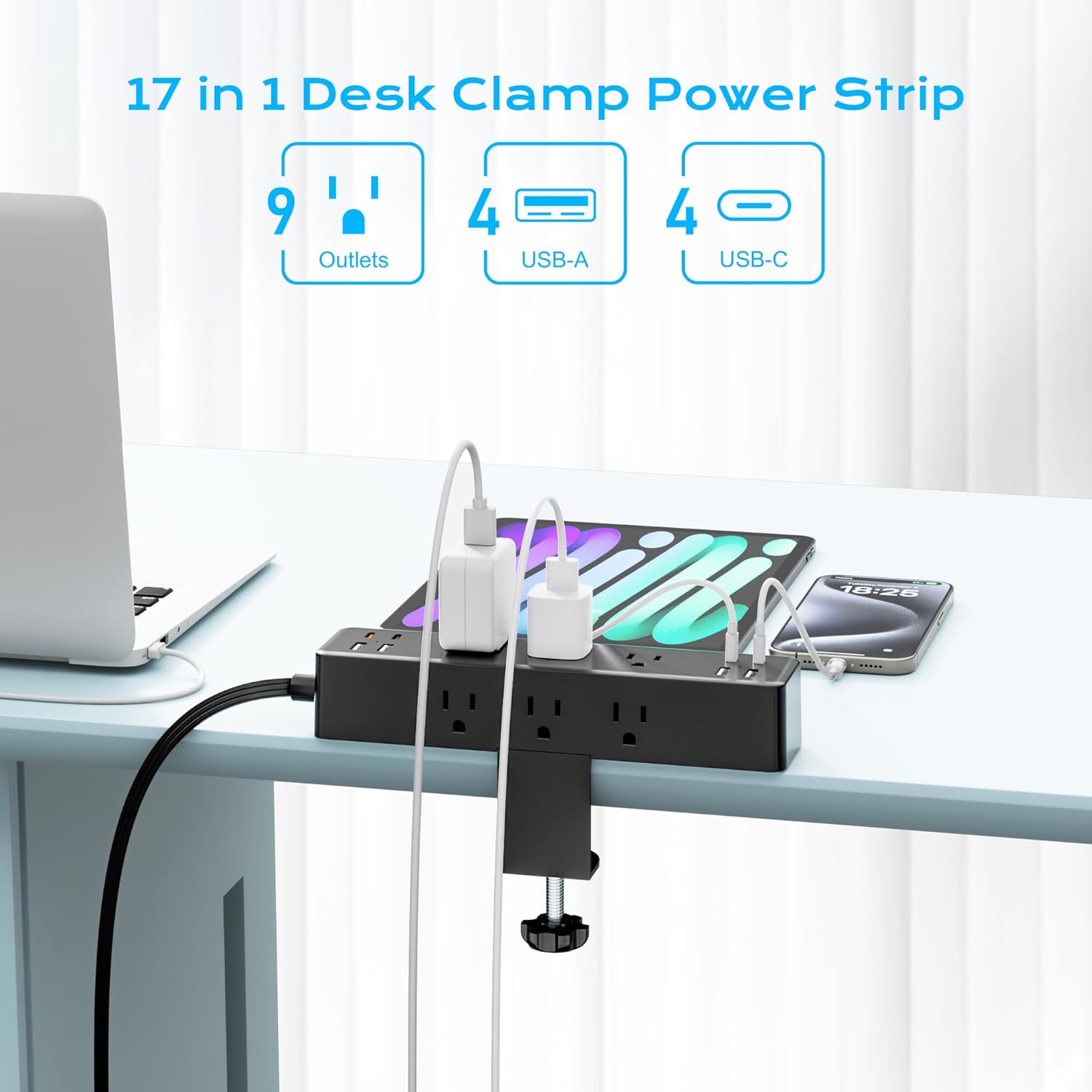 Thumbnail 1 de Flat Plug Desk Clamp Power Strip 10FT 🔌