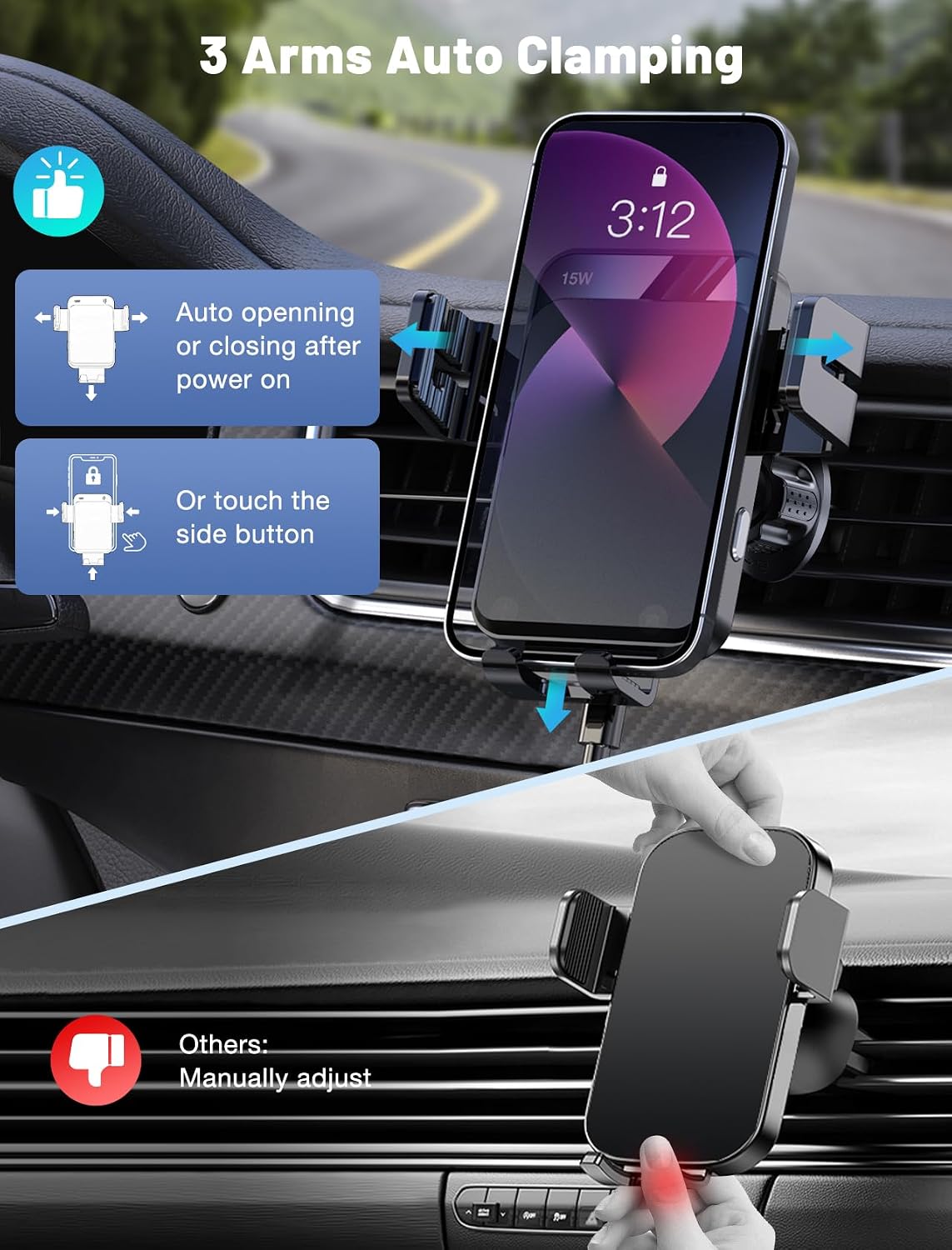 Thumbnail 4 de MOKPR Wireless Car Charger, 15W Auto-Clamping Mount with Air Vent Clip