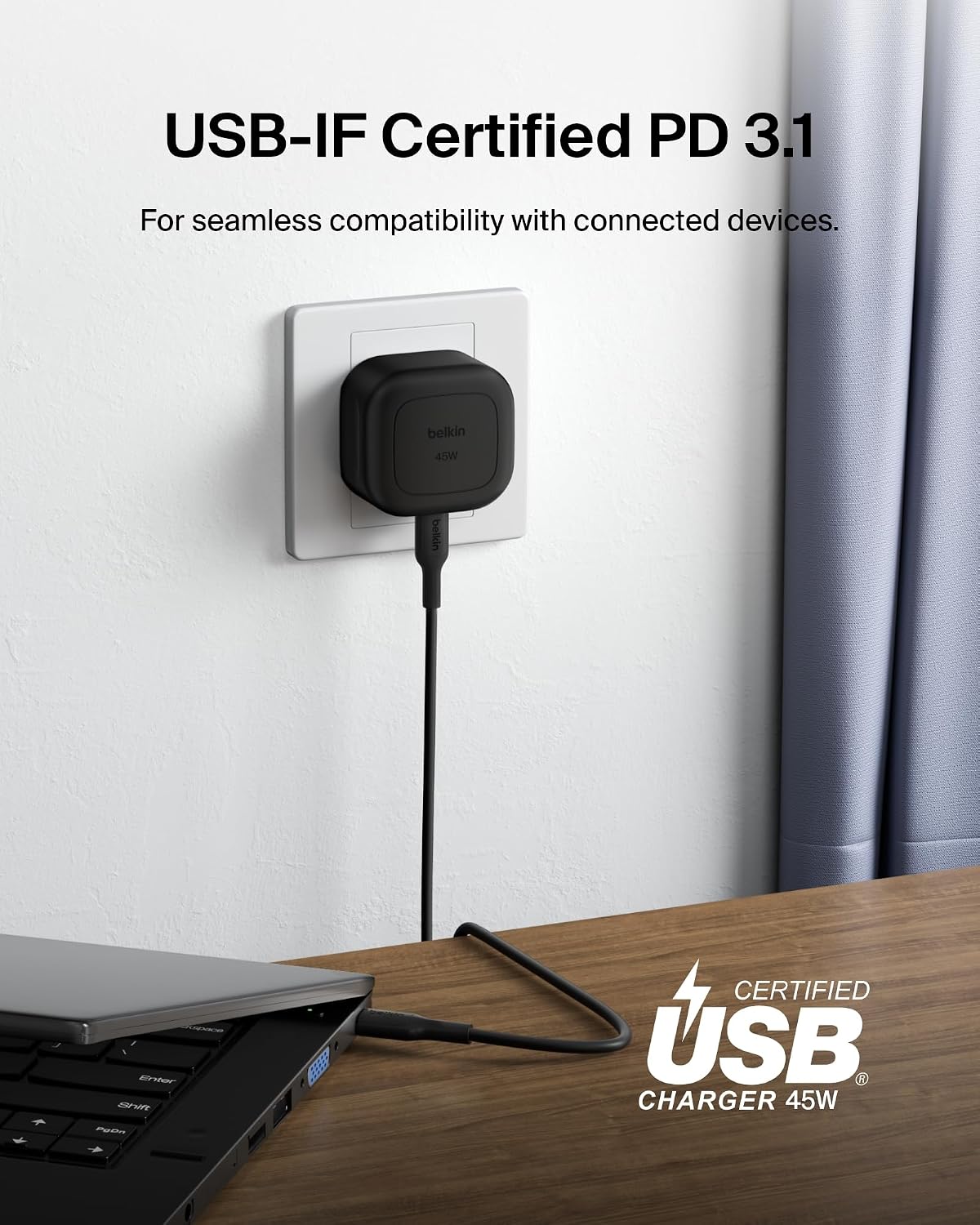 Detalle de Belkin Compact Wall Charger 45W + USB-C to USB-C Cable: Fast, versatile charging in a compact package