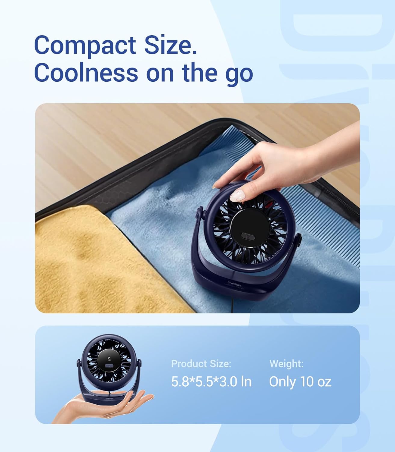 Thumbnail 6 de Diveblues TurboBreeze Portable Turbo Desk Fan 5” – Quiet USB Desk Fan with 5 Speeds and 360° Tilt