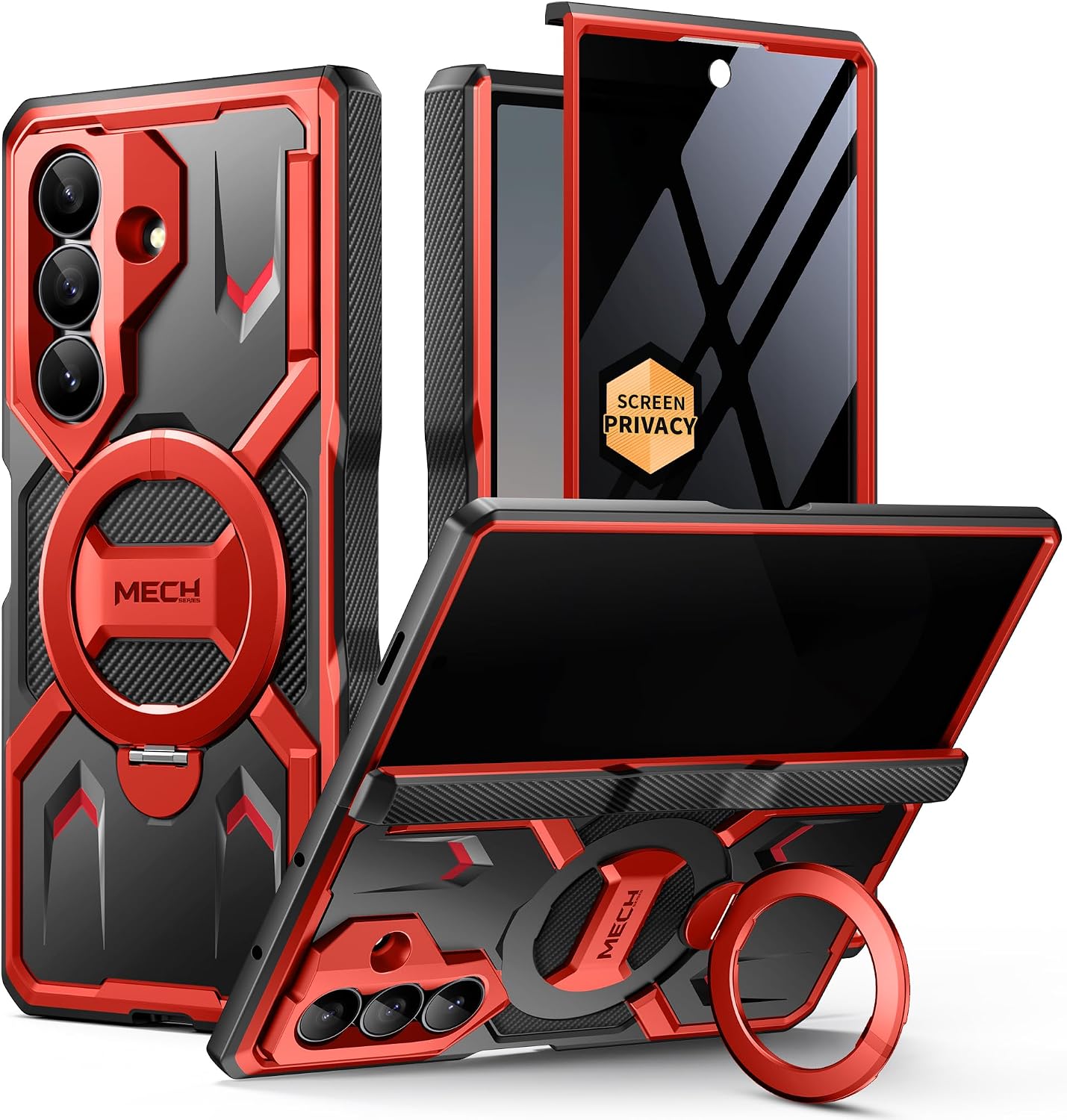 Detalle de Tongate Z Fold 7 Magnetic Case Red、360°回転スタンド・覗き見防止ガラス付きケース