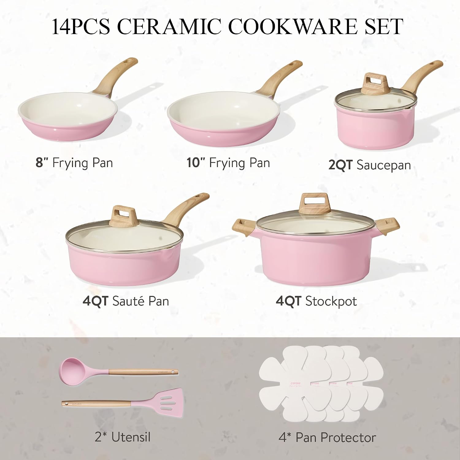 Detalle 2 de CAROTE Ceramic Cookware Set, 14 PCS Pink Nonstick Pots and Pans — Induction Ready & PFOS/PFOA Free