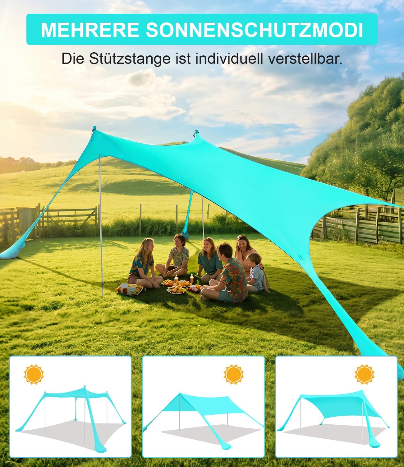 Thumbnail 6 de MAXVINI UPF50+ Strandzelt 3m x 3m – UV-Schutz, stabile Dreieckskonstruktion & Sandsäcke