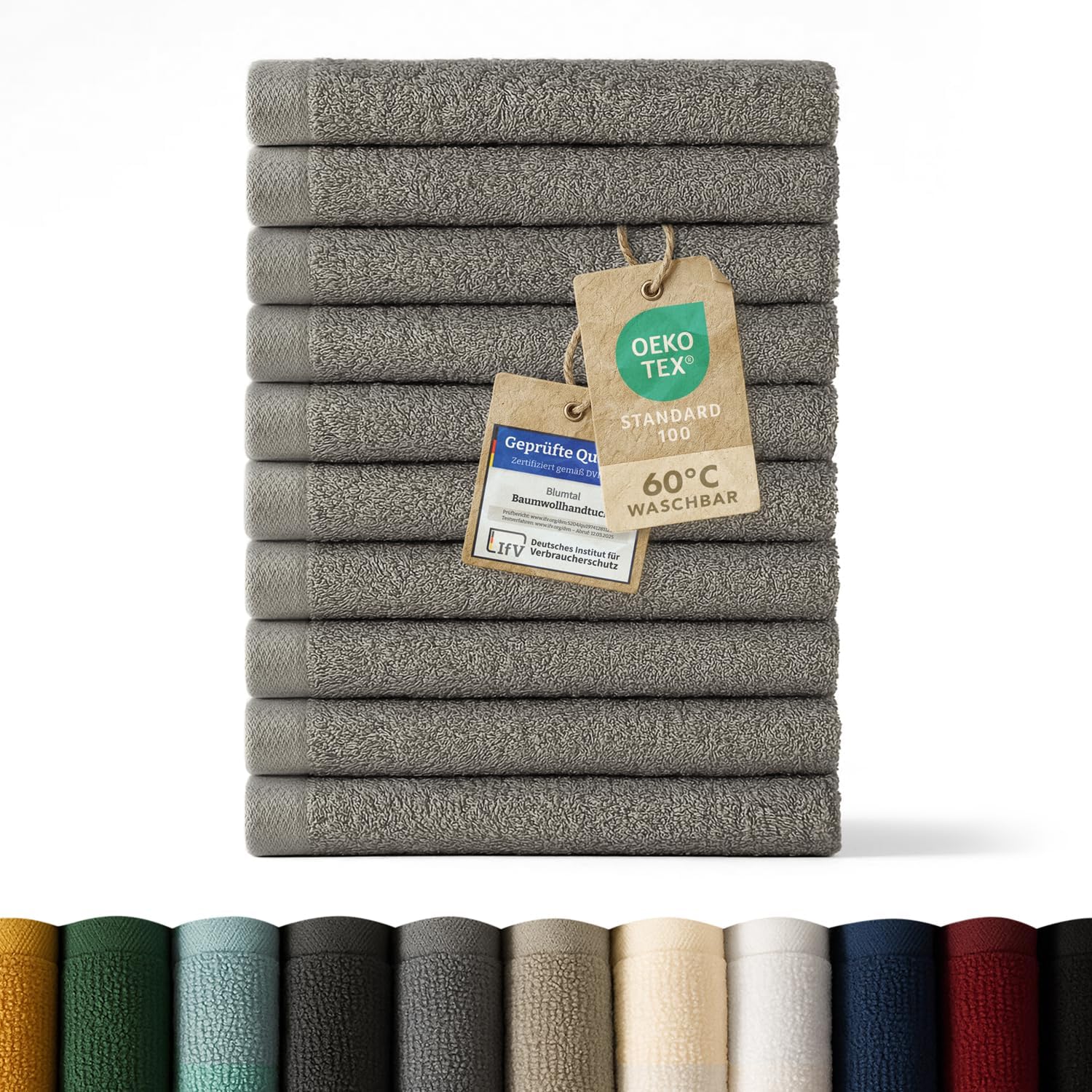 Detalle de Blumtal Premium Frottier Gästehandtücher-Set 12-teilig (100% Baumwolle, Oeko-TEX, 30 x 30 cm) – grau