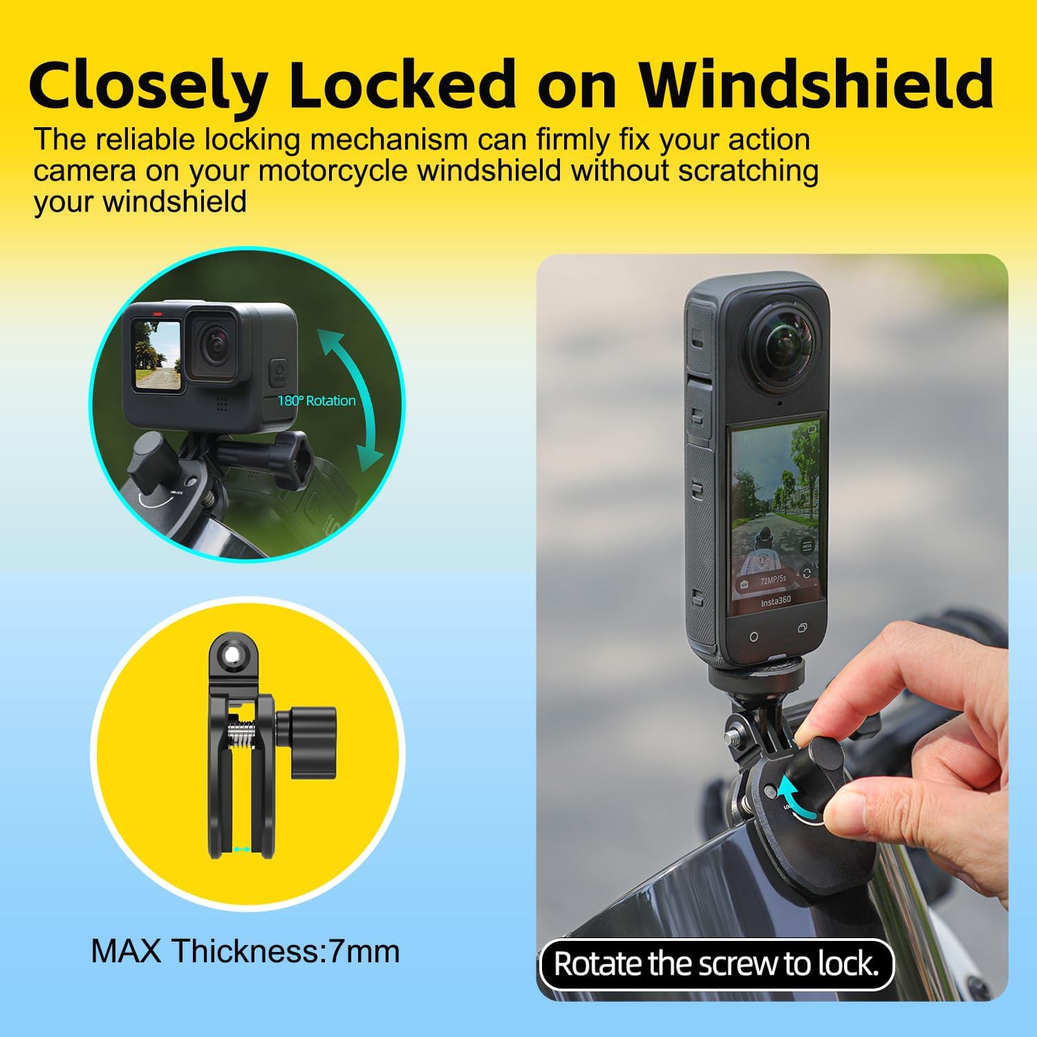 Detalle de HAFOKO Motorcycle Windshield Mount for Action Cameras – CNC Aluminium Clip, 180° Adjustment