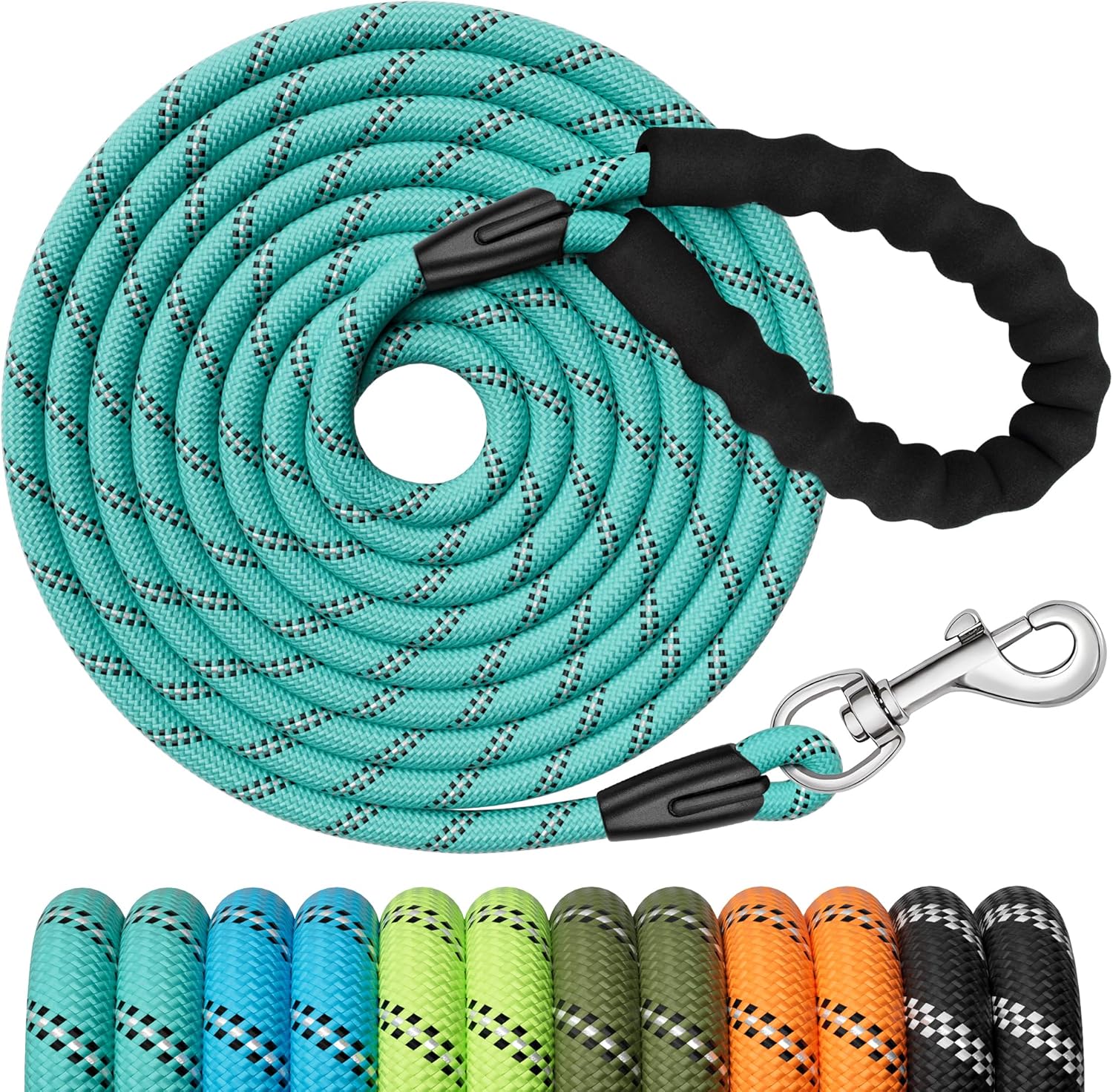 Detalle de X XBEN 15m/49ft training lead for dogs with padded handle, reflective rope and heavy-duty clip (turquoise)