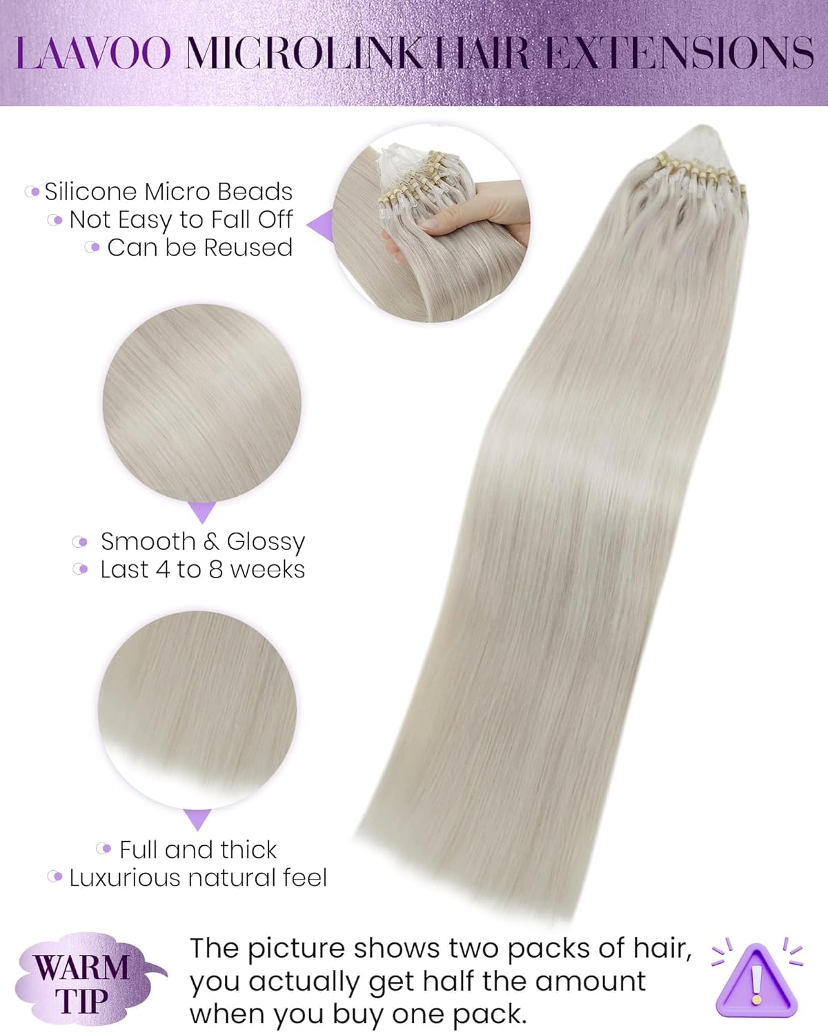 Thumbnail 1 de LaaVoo Micro Beads Hair Extensions in Platinum Blonde (50g) – 14 to 24 Inch, 50 Strands, Real Human Hair