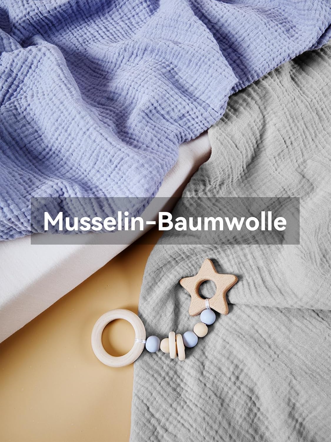 Detalle de TILLYOU Musselin Spannbettlaken 2er Set 60x120 cm – 100% Baumwollmusselin, elastisch, grau und blau