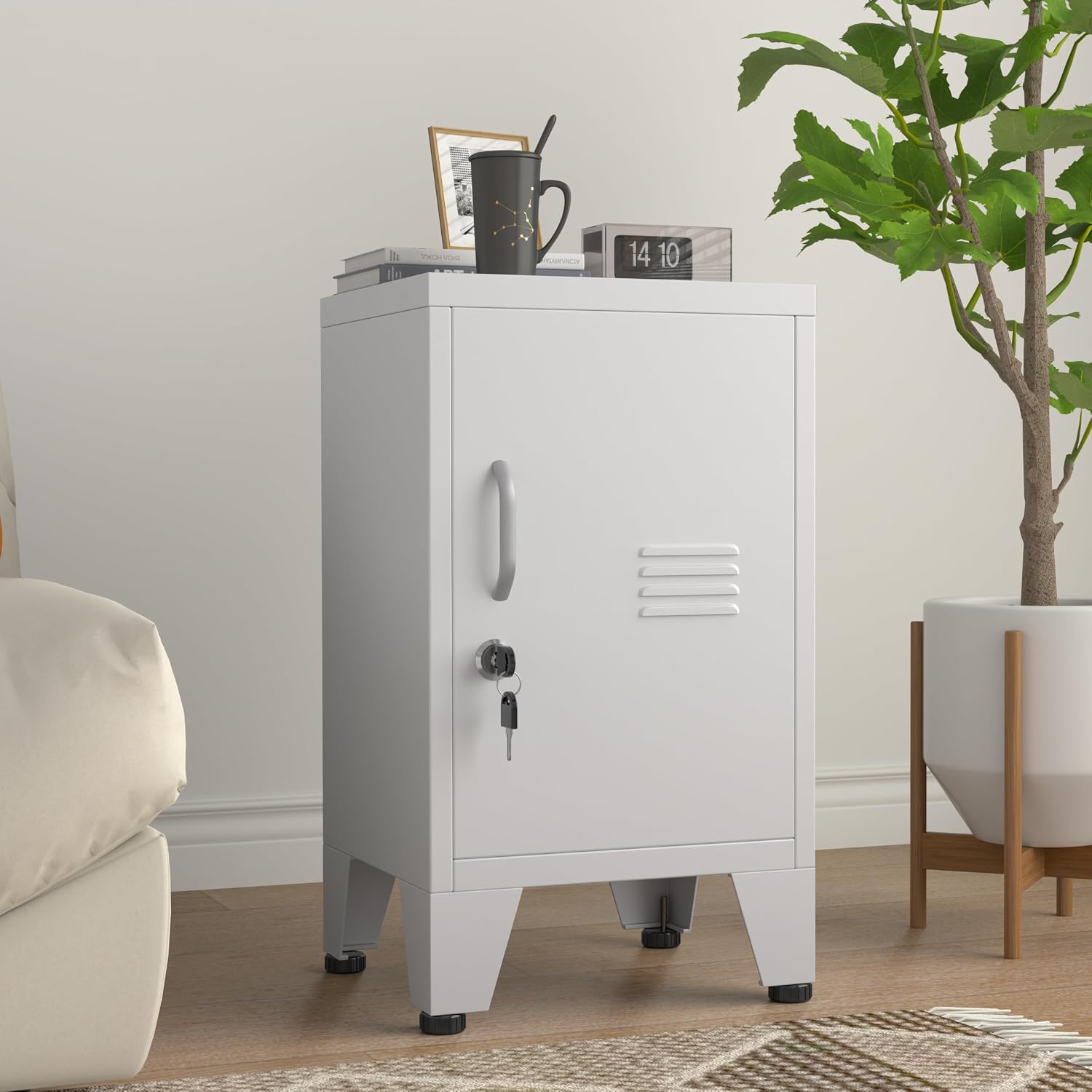 Detalle de PAOFIN Small Cabinet-White Metal Storage Cabinet, Lockable with Adjustable Shelf