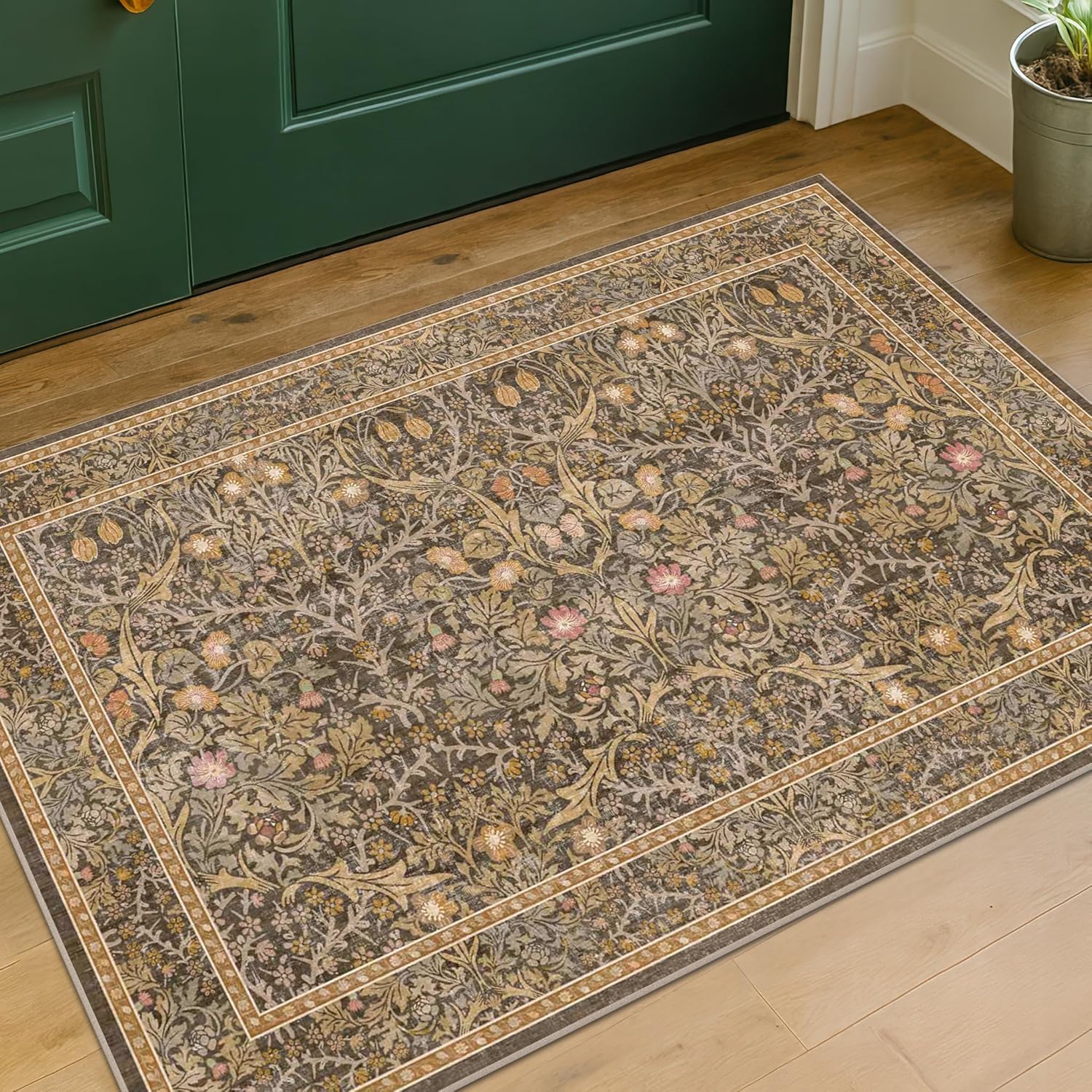 Detalle de Brown Washable Entry Rug - Front Door Throw Rug (2x3) with Non-Slip Backing, Vintage Floral Boho Kitchen & Bathroom Mat