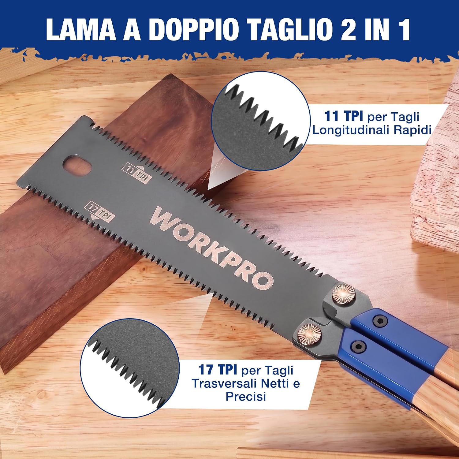 Detalle de WORKPRO Sega Sega Giapponese Pieghevole 310 mm, Doppio Filo 11/17 TPI – Lama SK5, Manico in Faggio