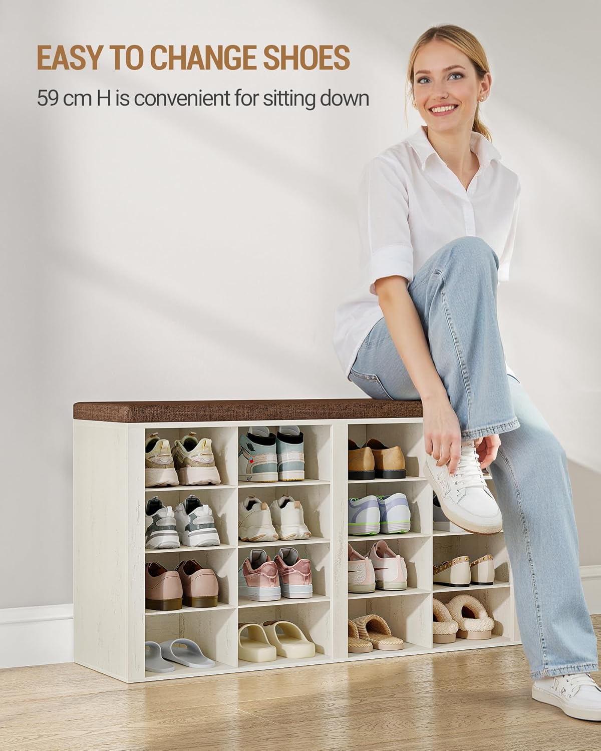 Thumbnail 6 de Hzuaneri banc à chaussures blanc SB25614KA avec siège et rangement (16 compartiments, coussin)