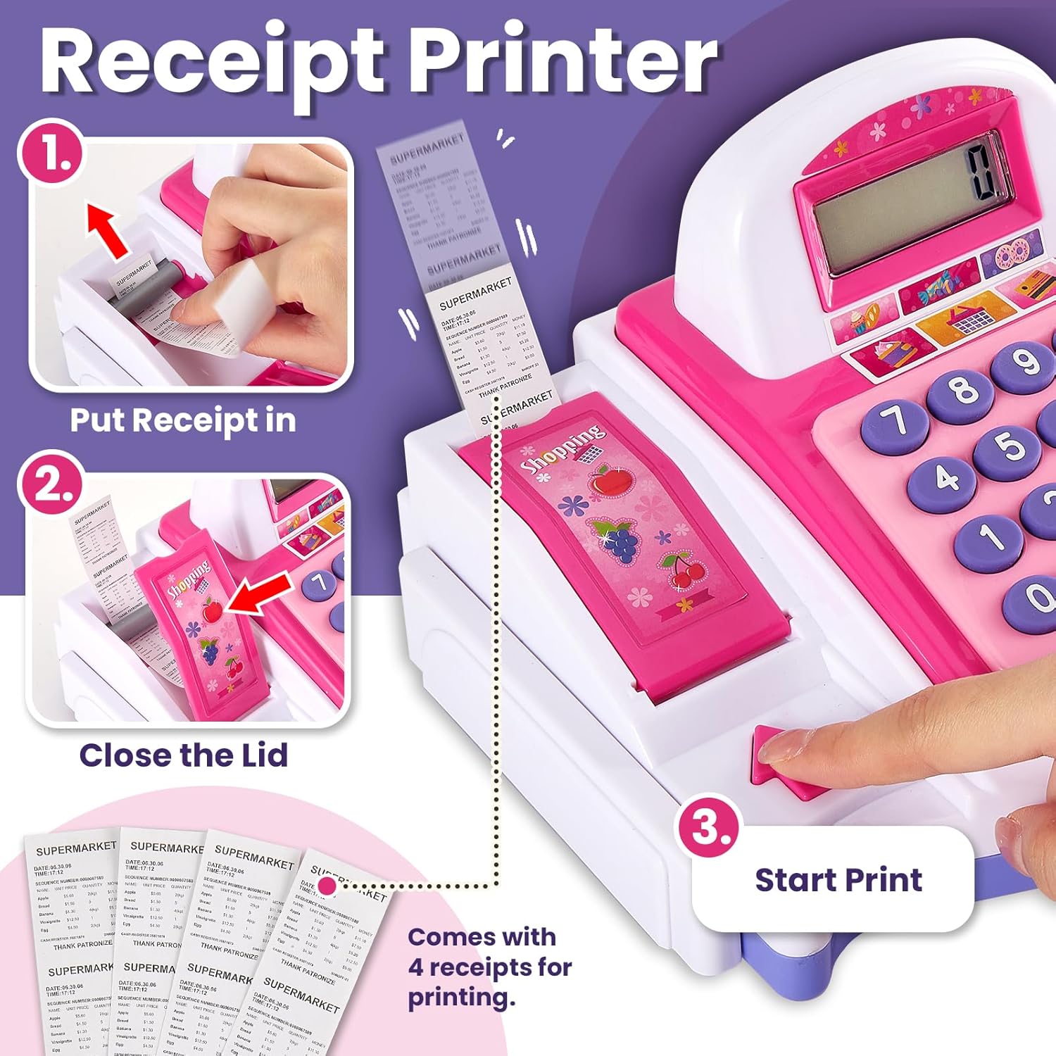 Thumbnail 1 de BUYGER Kids Toy Till Cash Register with Receipt Printer Scanner – Pretend Play Cashier Set