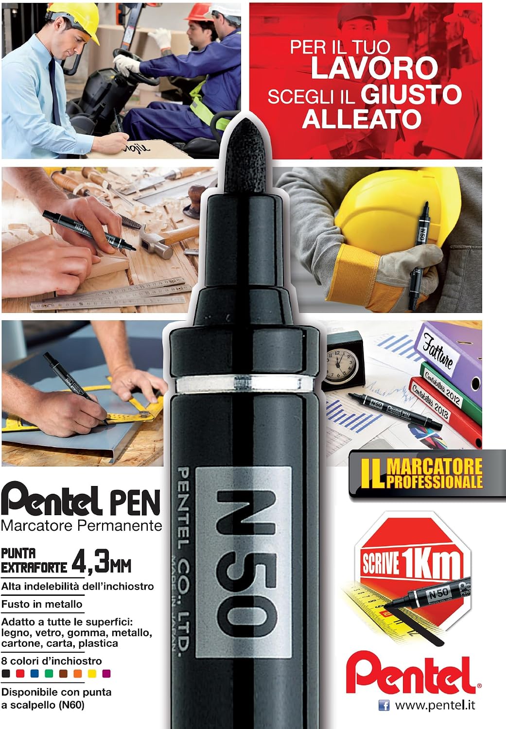 Detalle de Pentel N50 permanent märkpenna med svart bläck, konisk spets och metallhylsa, 3-pack