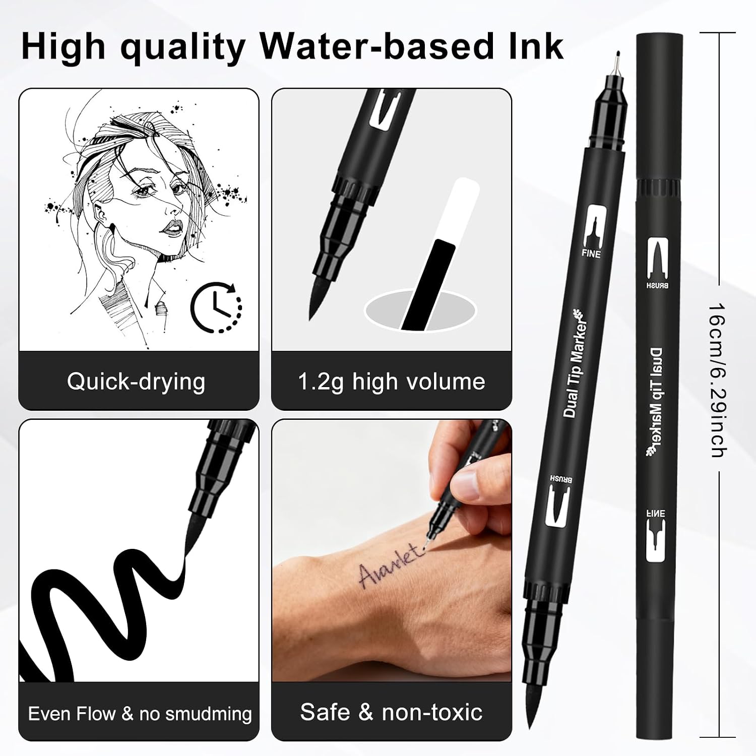 Detalle 2 de Funnasting dual tip felt tip pens (12-pack) – black fineliner and brush tip colouring markers
