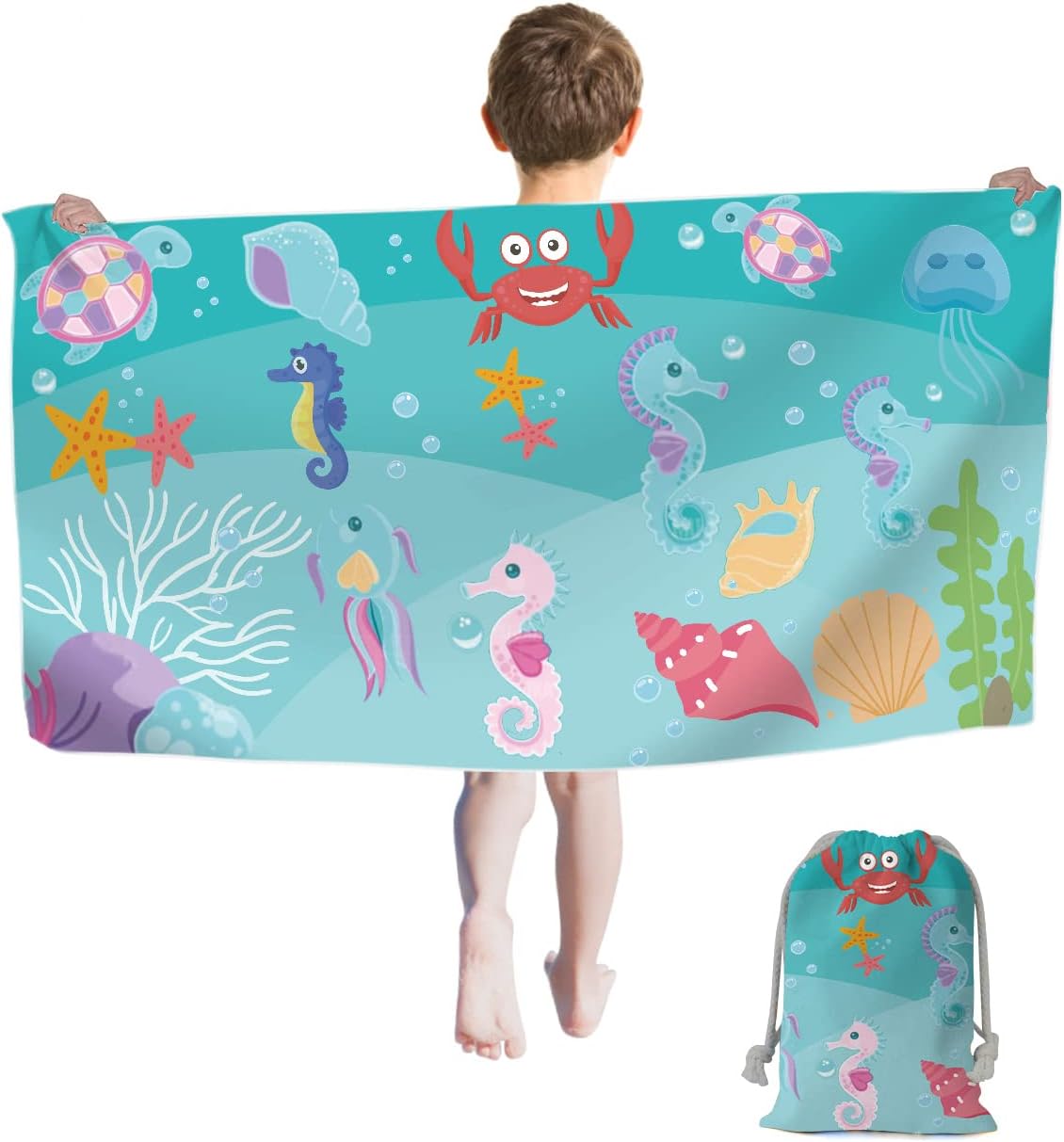 Detalle de Rowjoy Telo da spiaggia per bambini Blue Ocean: asciugamano mare in microfibra con animali marini (60 x 120 cm)