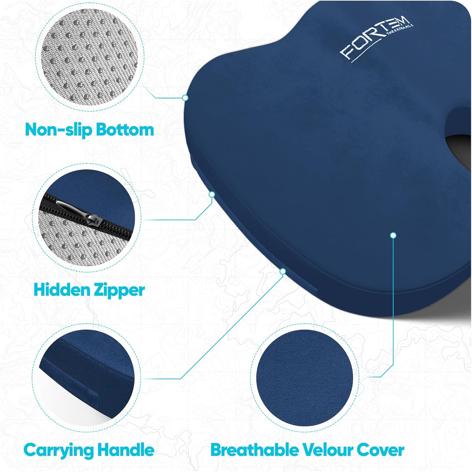 Detalle de FORTEM Office Chair Cushion (Memory Foam) – XL U-Shape Seat Pad with Non-Slip Base, Washable Cover
