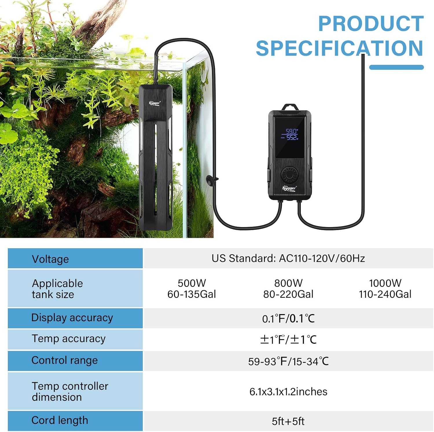 Thumbnail 4 de hygger Submersible Aquarium Heater 500W digital thermostat for 220–510 L fish tanks