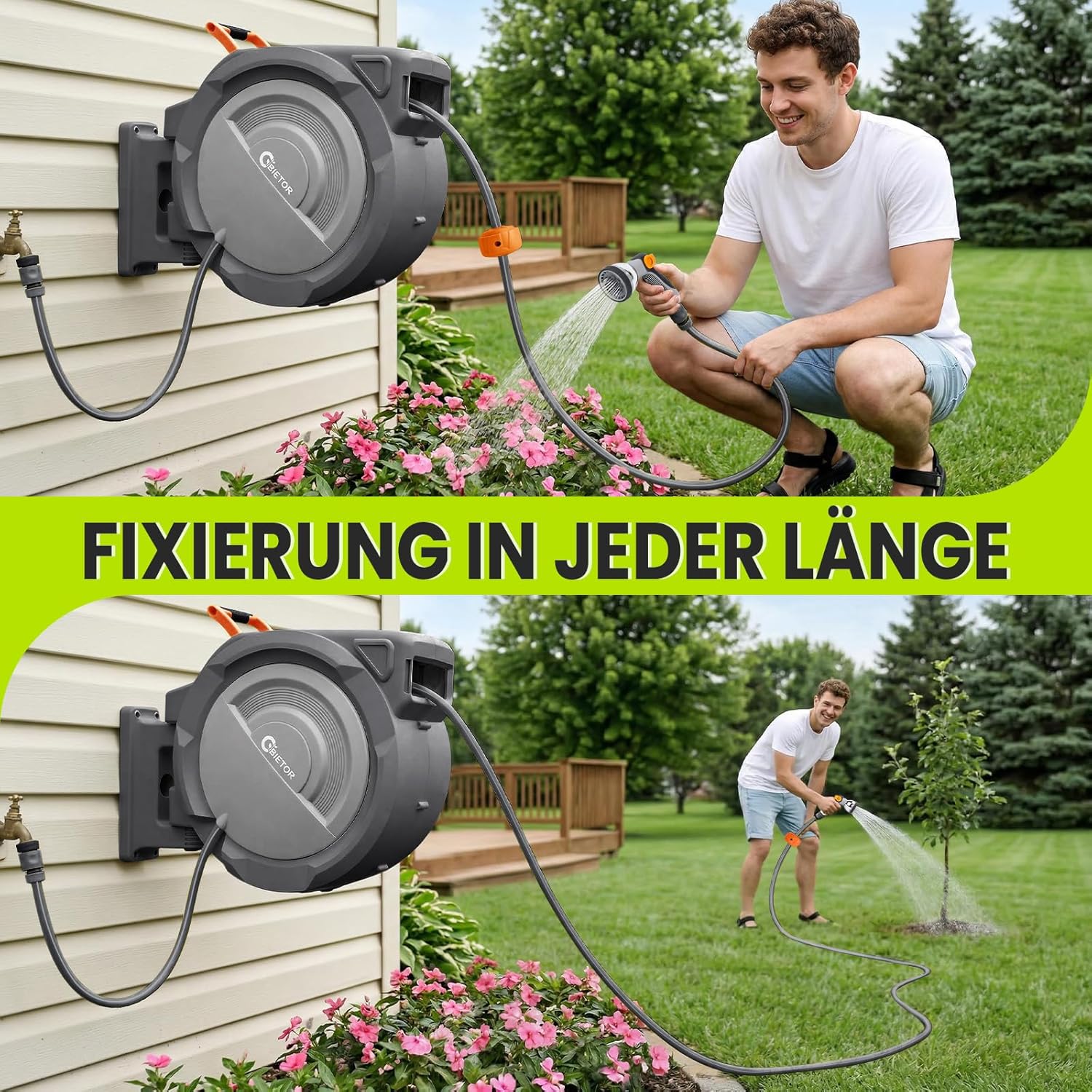 Thumbnail 3 de Bietor Schlauchtrommel Wasser 45m + 2m – 180° Schwenkbare Wandhalterung, automatische Aufrollung mit 10‑Funktionen Sprühdüse