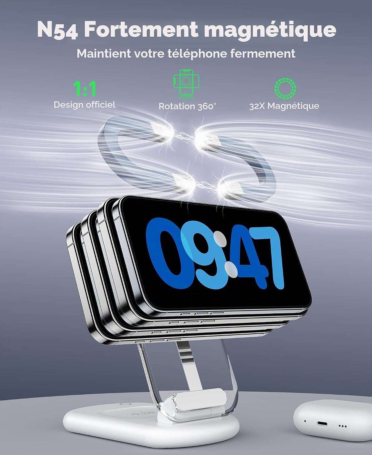 Thumbnail 4 de Chargeur Mag-Safe Wireless 3-en-1 argenté – station de recharge magnétique pour iPhone, Apple Watch et AirPods (lot de 2)