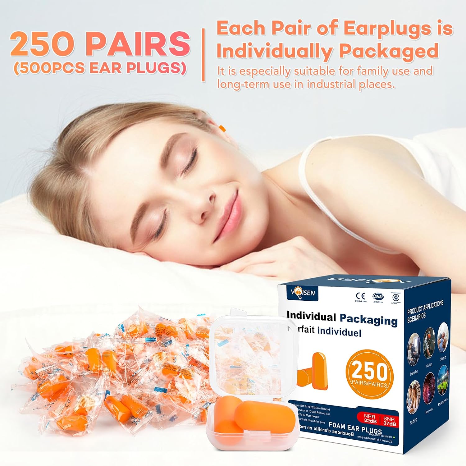Detalle de VOISEN Ear Plug: 250 Pairs of Soft Foam Ear Plugs with 32dB NRR for Sleep, Study, Travel & More