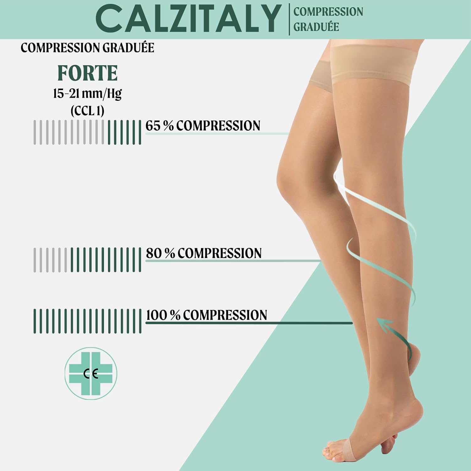 Detalle de CALZITALY Bas Autofixant de Soutien Médicaux – compression graduée forte, 140 DEN, Noir/Naturel, S à XL, Made in Italy