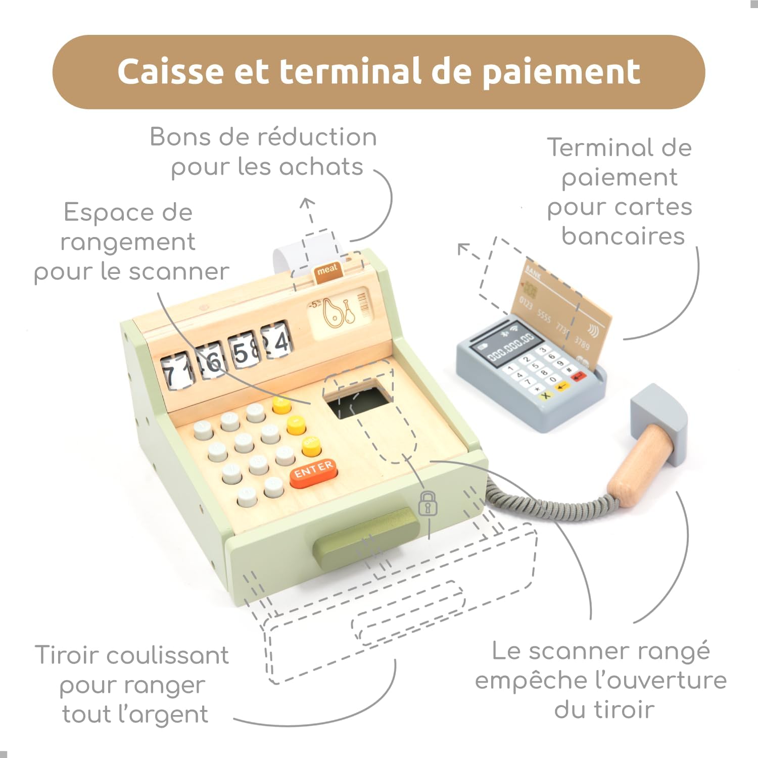 Detalle de UMU® Caisse Enregistreuse en Bois pour Enfants avec Accessoires (Scanner, Terminal de Paiement, Argent de Jeu) – Ensemble de 35 pièces